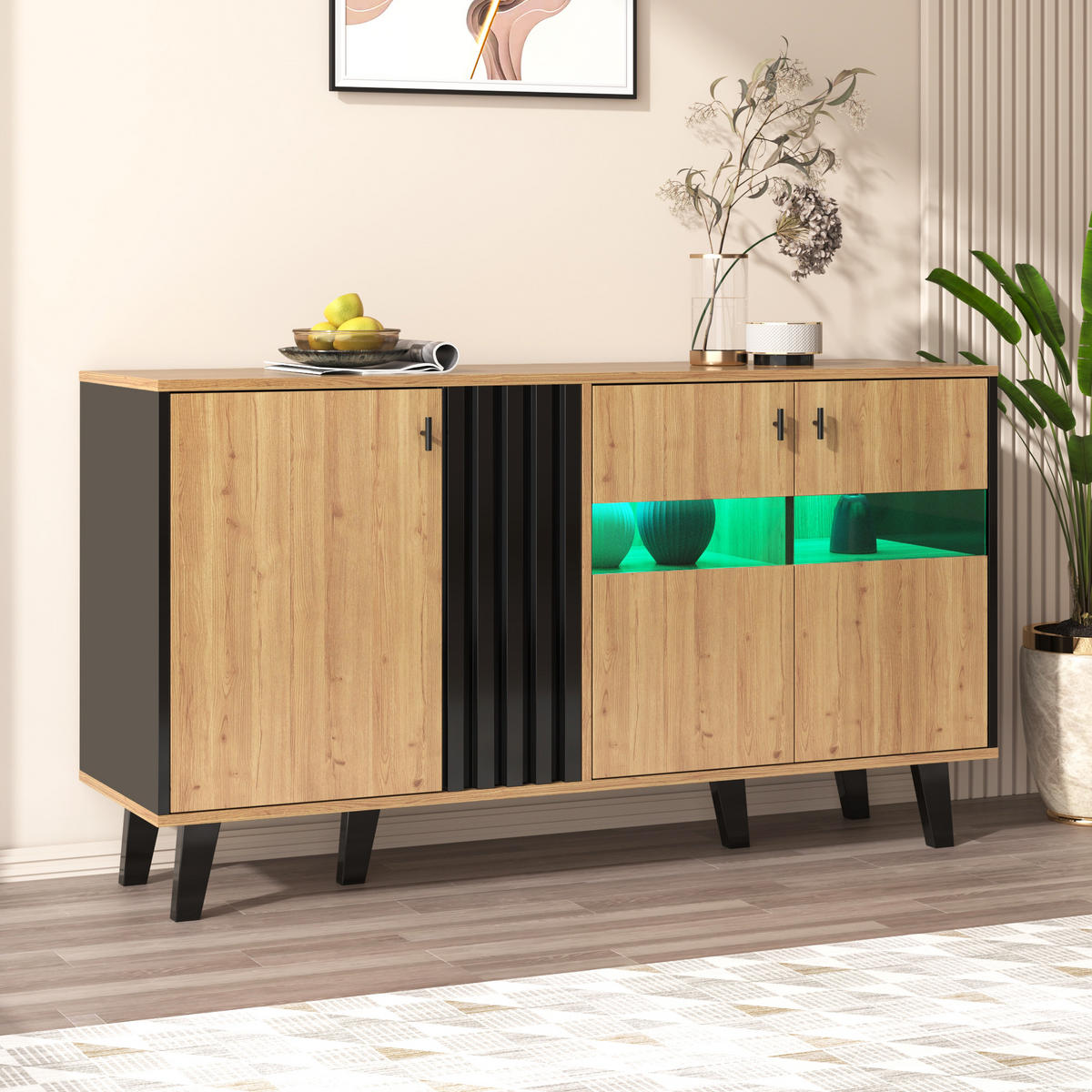 SIDEBOARD 140x78.5x41cm Holz+Schwarz Mit LED & Glas - Naturfarben, Holzwerkstoff (41/78.5/140cm) - FLIEKS