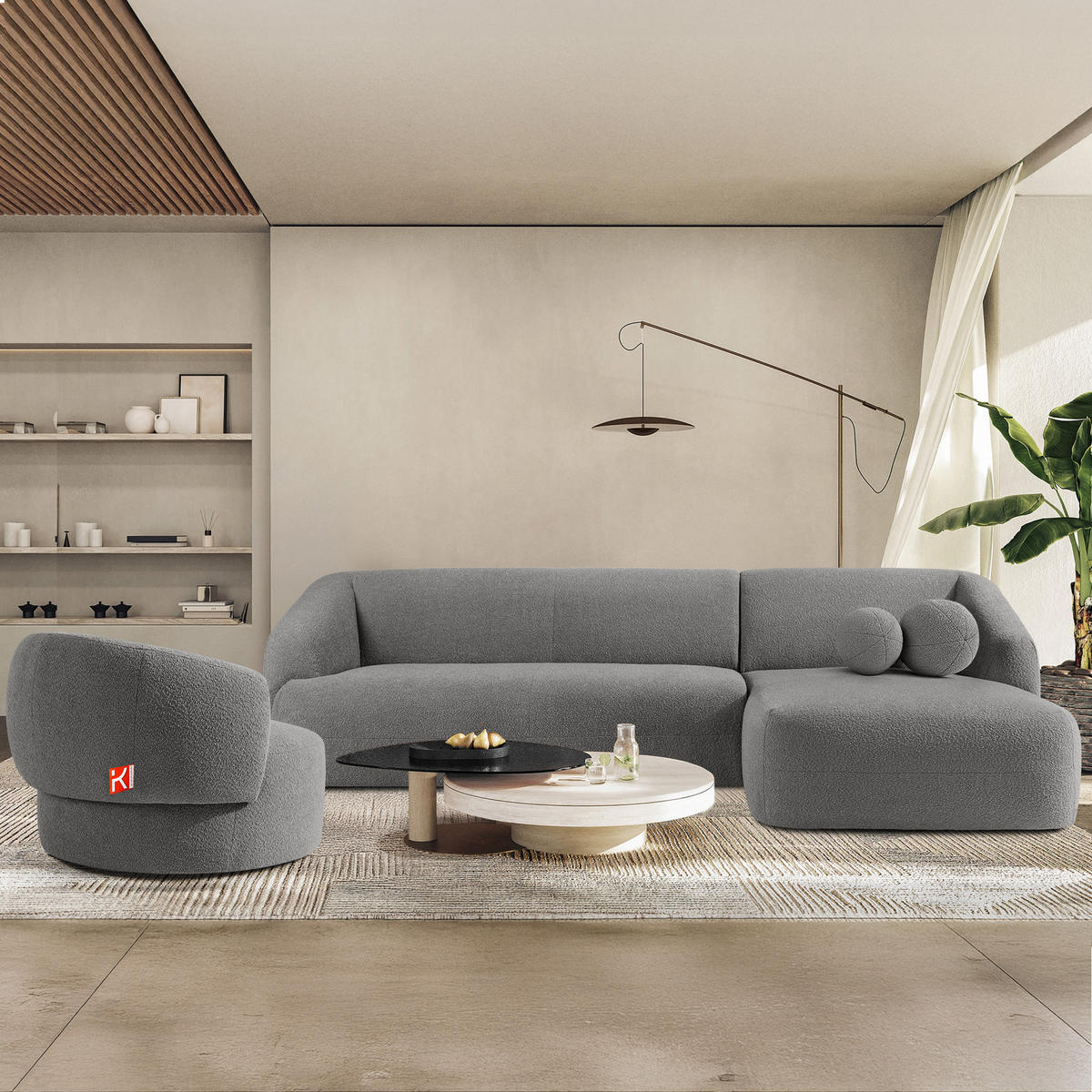 ECKSOFA RECHTS VIRA, Grau, Bouclé - Schwarz/Grau, Holz/Holzwerkstoff (300/160cm) - KONSIMO®