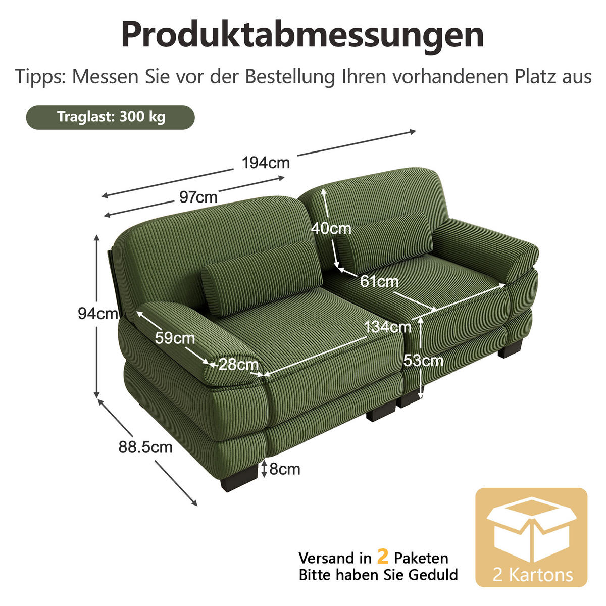 2-SITZER-SOFA modular mit Lendenkissen, DE-42659, Grün - Grün, Holz (194/94/88.5cm) - ComfortXL