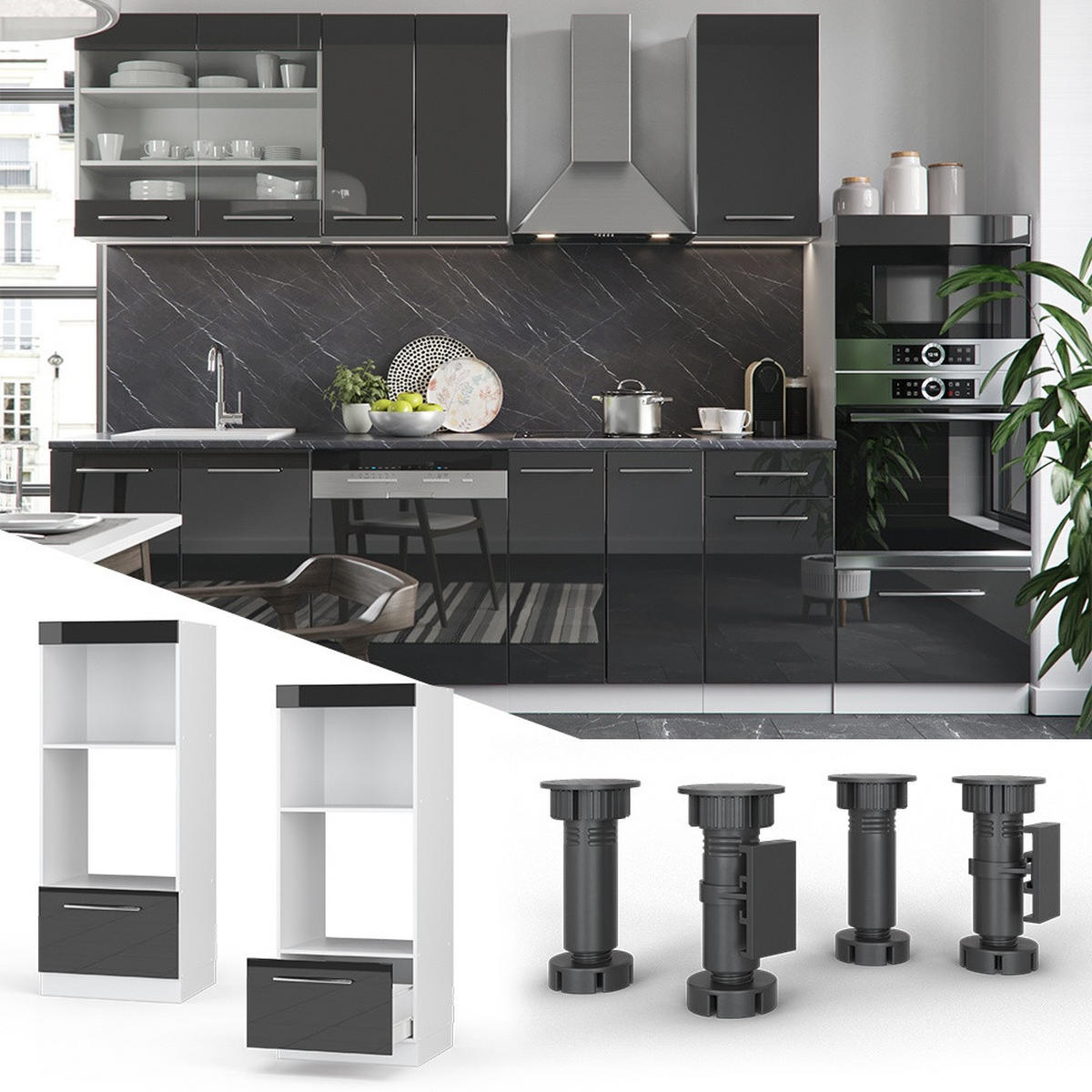 MIKROWELLENSCHRANK Fame-Line Anthrazit Hochglanz 60 cm offen - Schwarz Hochglanz/Weiß, Holzwerkstoff (60/153.6/58.1cm) - Vicco