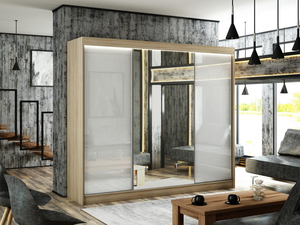 SCHIEBETÜRENSCHRANK ELIS - Weiß/Sonoma Eiche, Holzwerkstoff (250/215/61cm) - Meblini