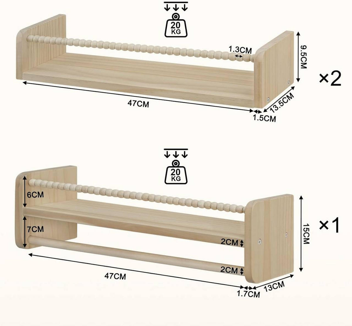 KINDER-WANDREGAL 3er Set, Massivholz, 50 x 15 x 14 cm - Naturfarben, Holz (50/15/14cm) - Woltu