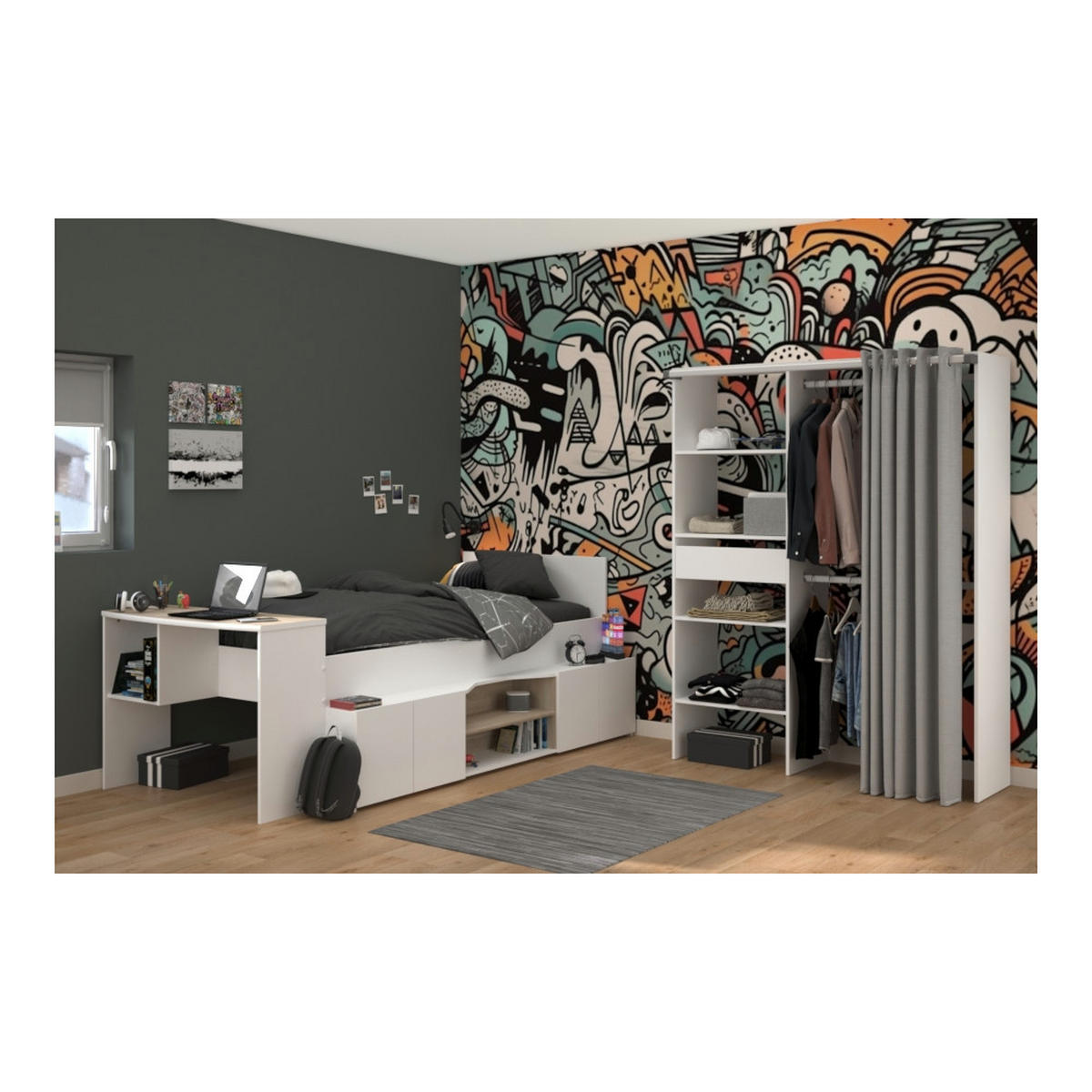 JUGENDZIMMER Hochbett Cleo in Weiß und Jackson Eiche von Parisot - Weiß, Holzwerkstoff (80/200/120cm)