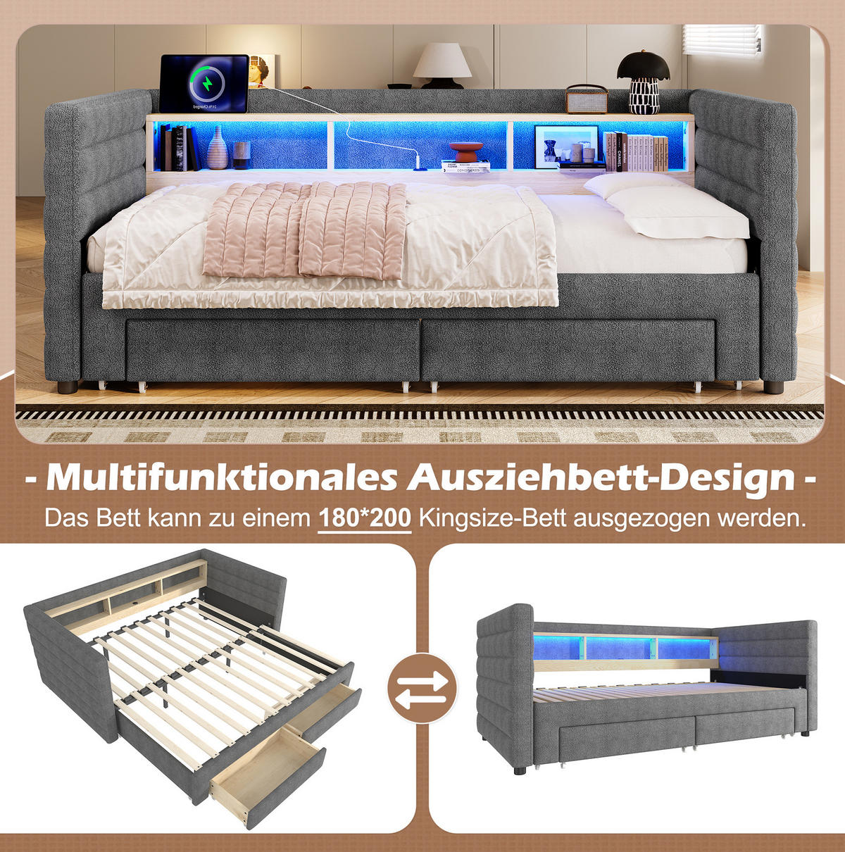 ROZKLADACIA posteľ 90/190 cm sivá zo zamatu a MDF s LED osvetlením portmi USB a typu C a zásuvkami - sivá, textil (90/190cm) - OKWISH