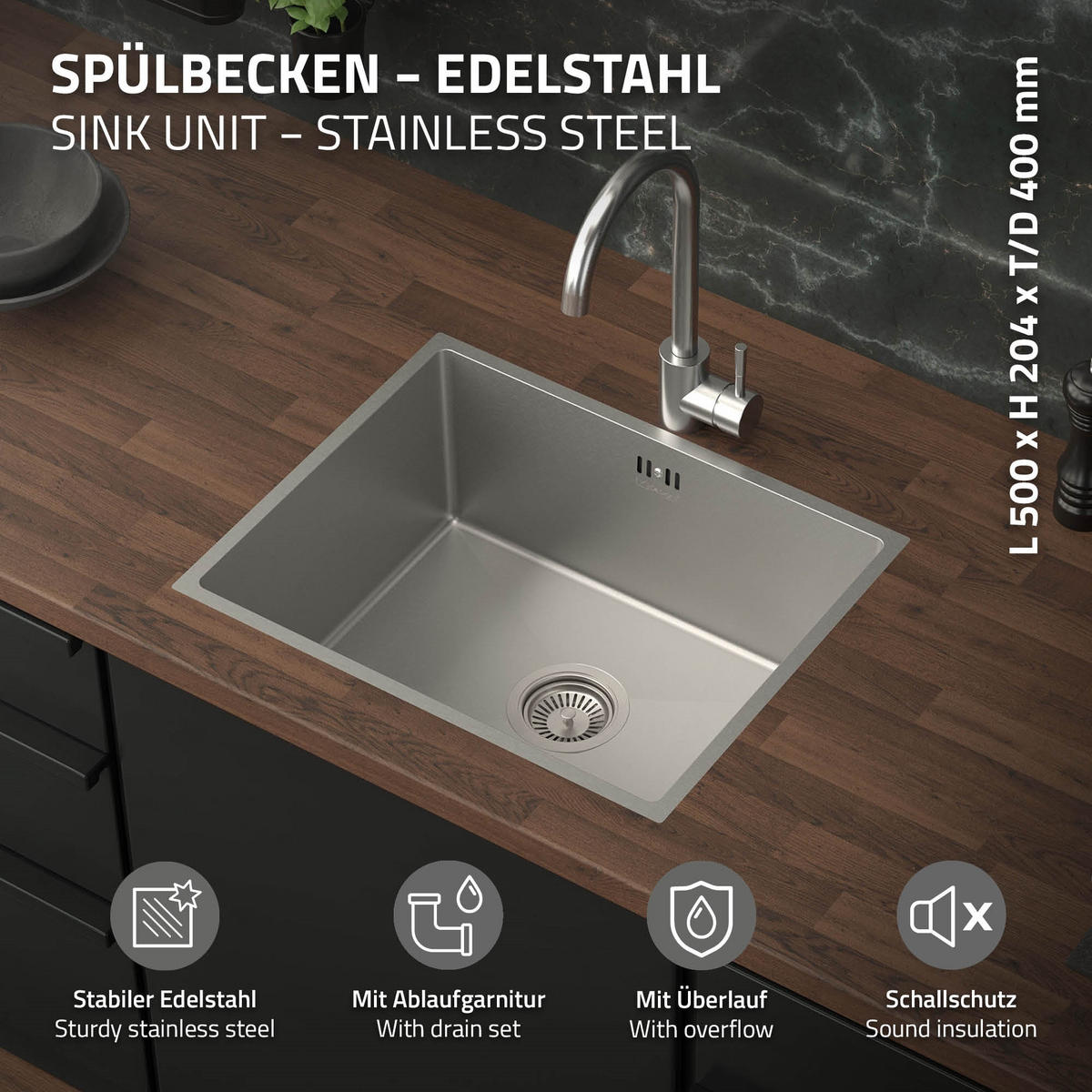 SPÜLBECKEN Edelstahl 50/40cm - Silberfarben, Metall (40/20.4/50cm) - ML-DESIGN