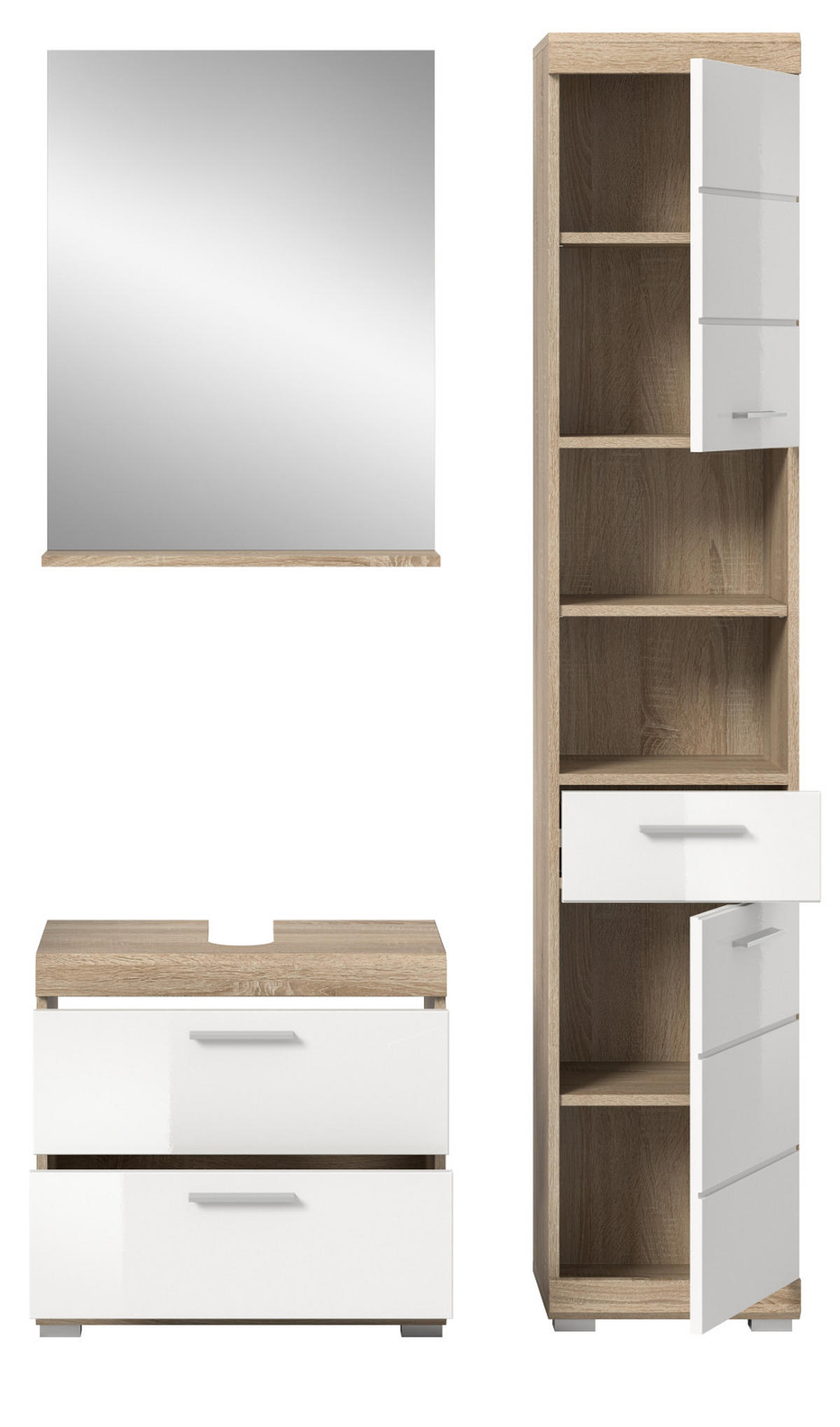 BADMÖBEL-SET weiß Hochglanz, Eiche 3-teilig 112 cm, viel Stauraum - Weiß Hochglanz/Eichefarben, Holzwerkstoff (112/191/37cm) - Inn.Furn
