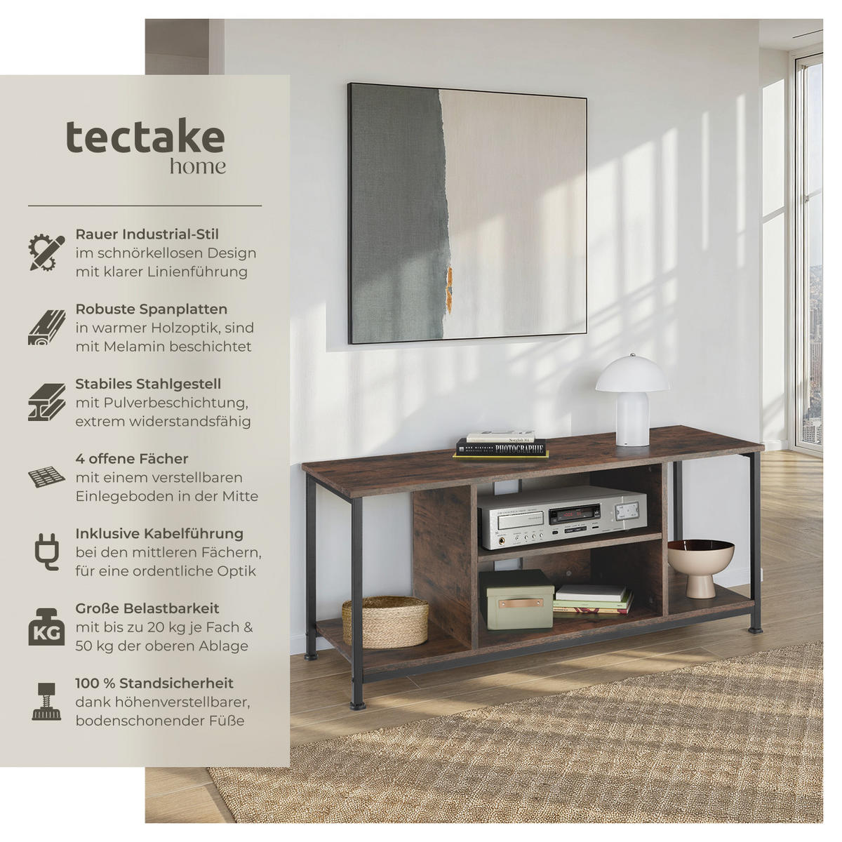 TV-REGAL Austin,110 x 40 x 50,5 cm,Industrial Holz dunkel, rustikal - Rostfarben, Holzwerkstoff (40/50.5/110cm) - tectake