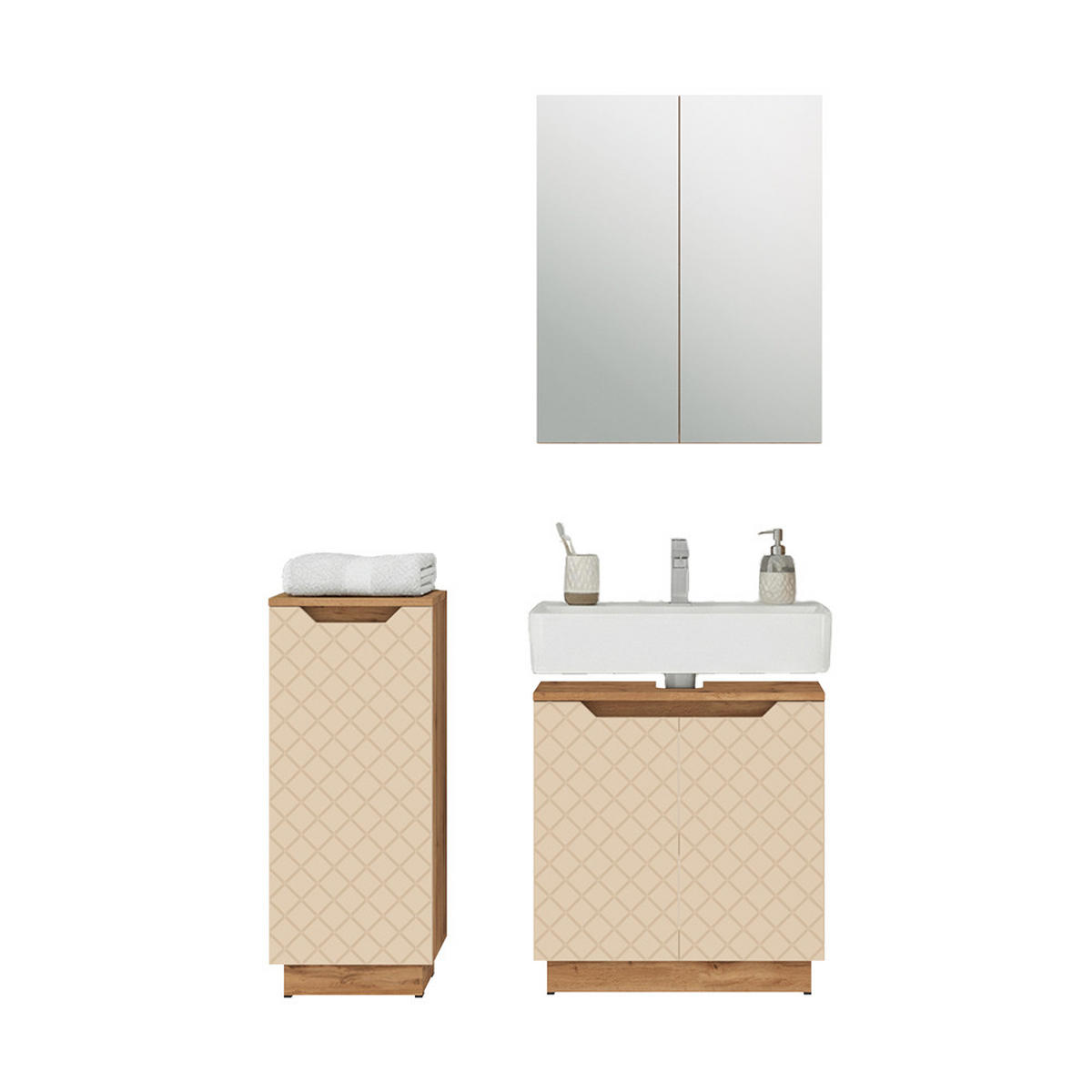 BADMÖBEL-SET Lotta Eiche/Kaschmir mit Kachelstruktur 3 Teile - Kaschmir, Holzwerkstoff (59.8/62.1/32cm) - Vicco