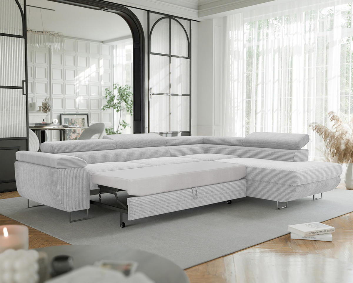 ECKSOFA ANTON mit Schlaffunktion und Bettkasten Hellgrau - Hellgrau, Holzwerkstoff/Kunststoff (274/203cm) - Idohome