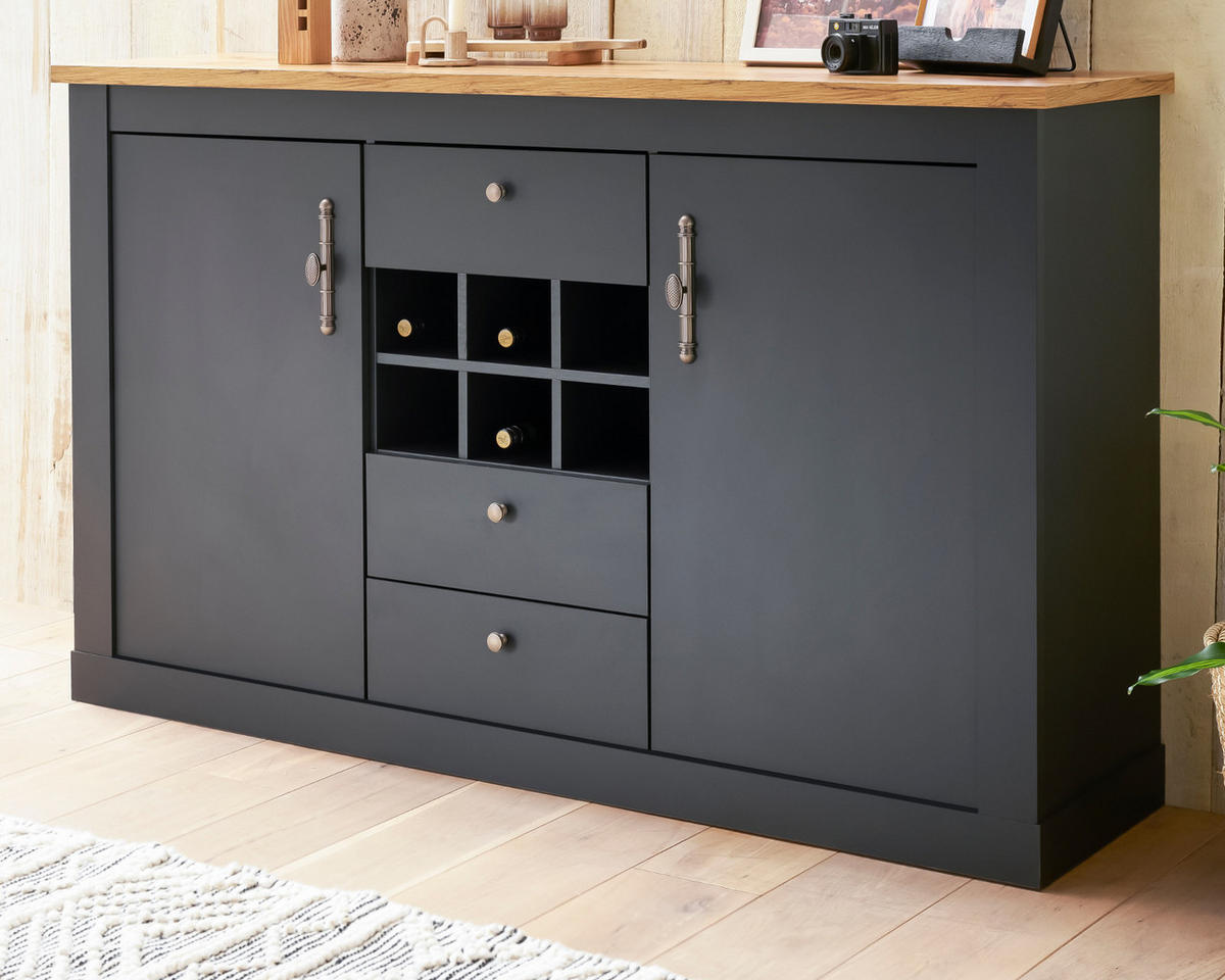 SIDEBOARD grau, Eiche Wotan, Landhaus 169 cm, Kommode mit Soft-Close - Silberfarben/Eiche Wotan, Holzwerkstoff/Kunststoff (169/104/45cm) - Furn.Design