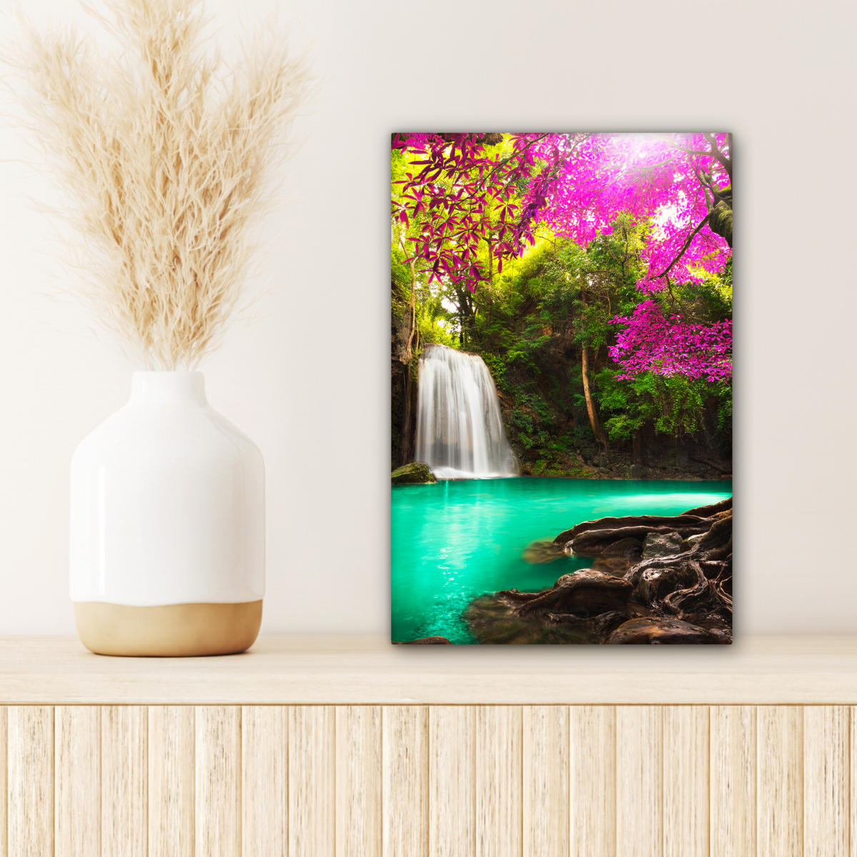 LEINWANDBILD Wasserfall mit bunten Blumen und Bäumen - Natur - Dschungel 20x30 cm - Waldgrün, Textil (20/30cm) - MuchoWow