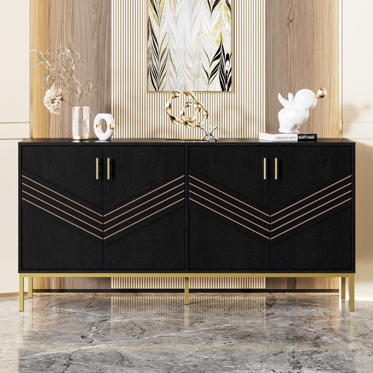 SIDEBOARD 4 Türen Schwarz Gold Metallbeine Verstellbare Regale - Schwarz, Holzwerkstoff (40/80.5/160cm) - FLIEKS