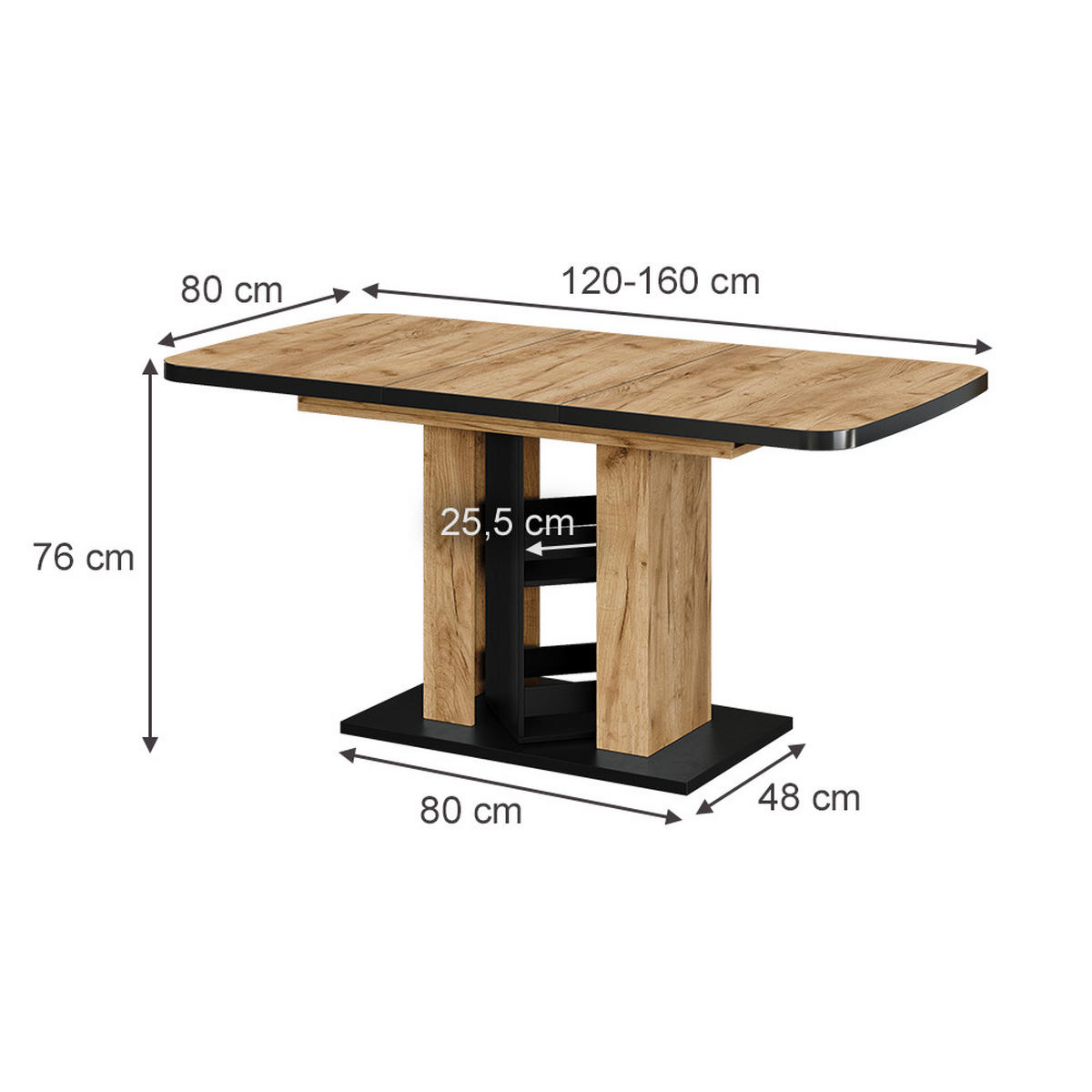 ESSTISCH Fenaro Goldkraft Eiche 120 x 80 cm - Honigeiche/Schwarz, Holzwerkstoff (80/120/76cm) - Vicco