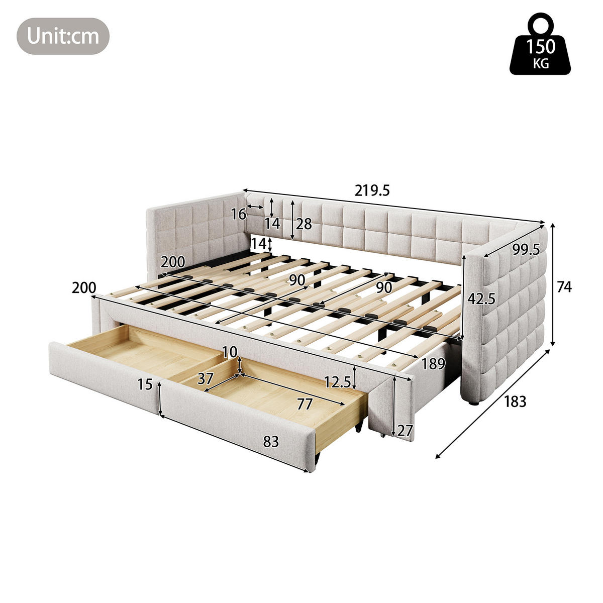 TAGEBETT 90x200cm Beige quadratische Rückenlehne Ausziehbett 2 Schubladen - Beige, Holz (90/200cm) - FLIEKS