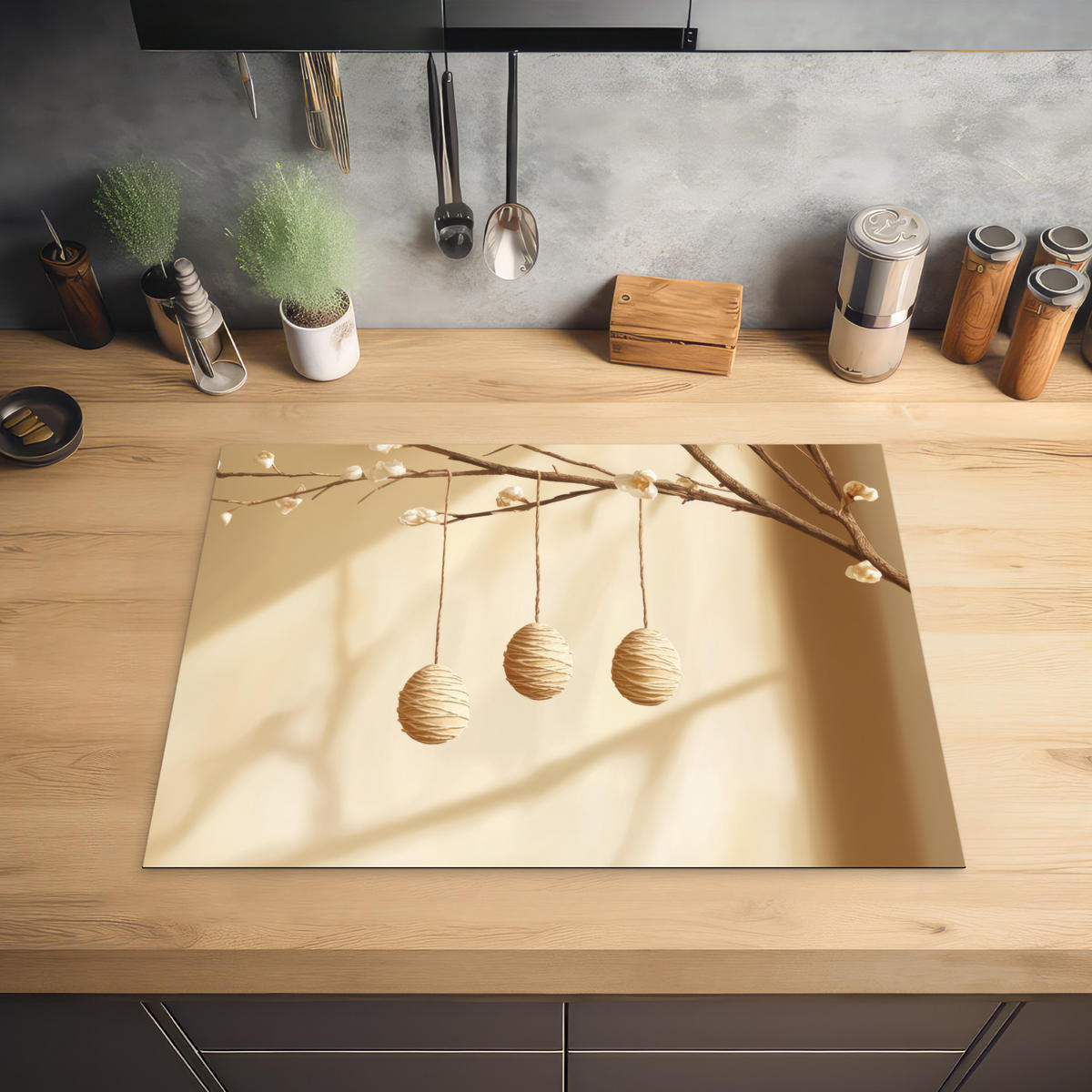 HERDABDECKPLATTE Beige - Osterkuchen - Eier Herdabdeckung Induktionsfeld 70x52 cm - Beige, Kunststoff (70/52/0.2cm) - MuchoWow