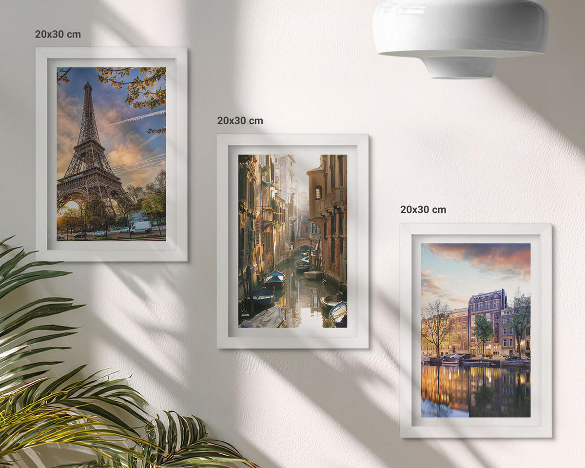 BILDER SET 3er Set - 20x30 cm Weißer Rahmen - Eiffelturm Venedig Amsterdamer Kanäle - Weiß, Kunststoff (20/30cm) - TULUP