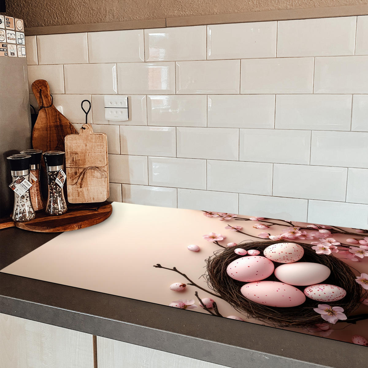 HERDABDECKPLATTE Rosa - Blüten - Eier Ceranfeldabdeckung 90x52 cm - Hellrosa, Kunststoff (90/52/0.2cm) - MuchoWow