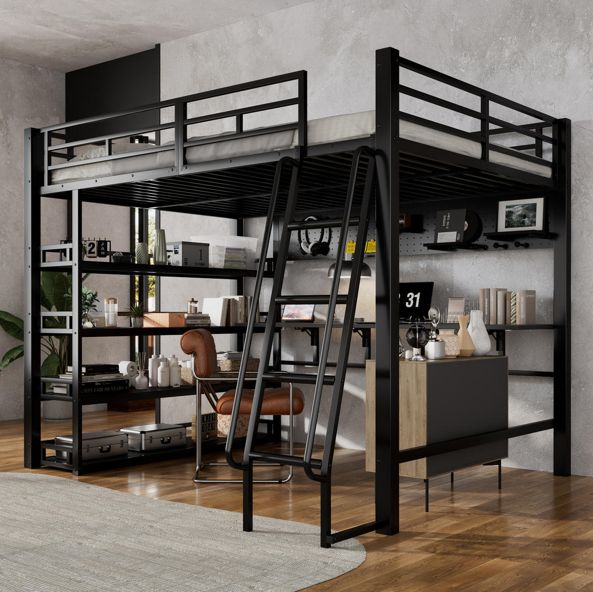 HOCHBETT 140/200 cm Schwarz aus Eisen und Spanplatte mit Ablagen und Ladeanschluss - Schwarz, Metall (140/200cm) - OKMYHOME