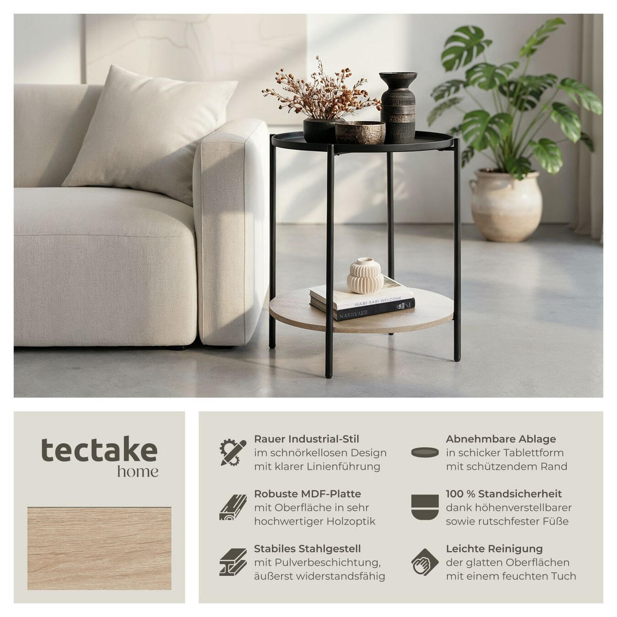BEISTELLTISCH Sunderland,45,5 x 54,5 cm,Industrial Holz hell, Eiche Sonoma - Naturfarben, Holz (45.5/45.5/54.5cm) - tectake