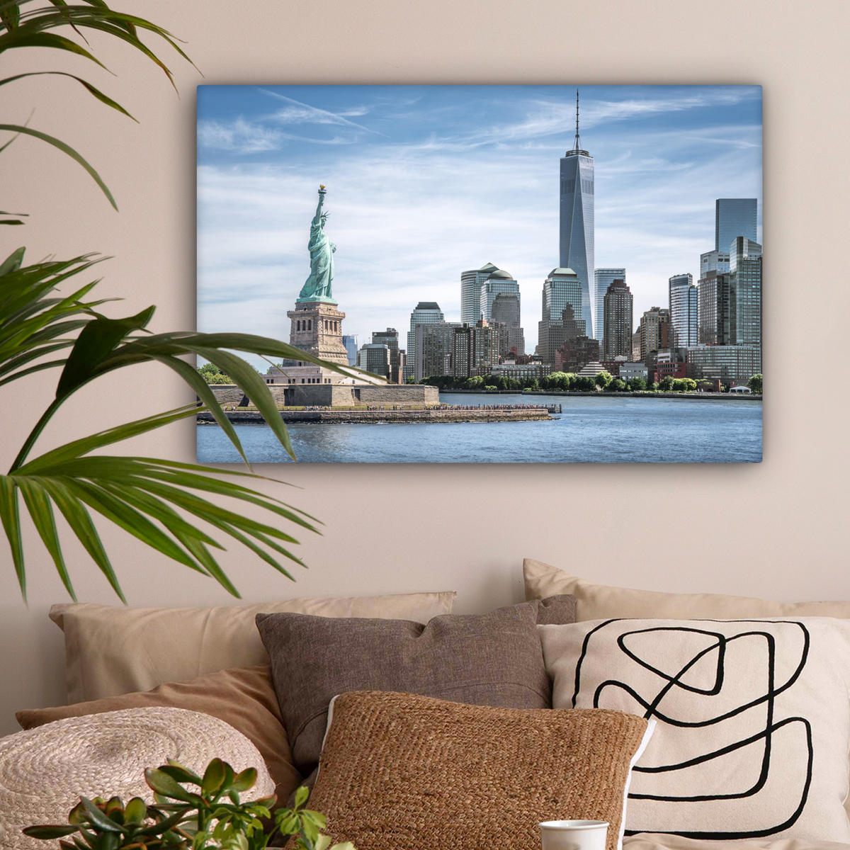 LEINWANDBILD New York - Freiheitsstatue - Wasser Wanddeko 90x60 cm - Hellblau, Textil (90/60cm) - MuchoWow