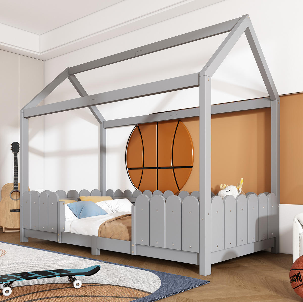 DĚTSKÁ postýlka 90/200 cm s domečkovým designem, zábranou proti pádu a lamelovým roštem, Šedá - šedá, dřevo (90/90cm) - Redom