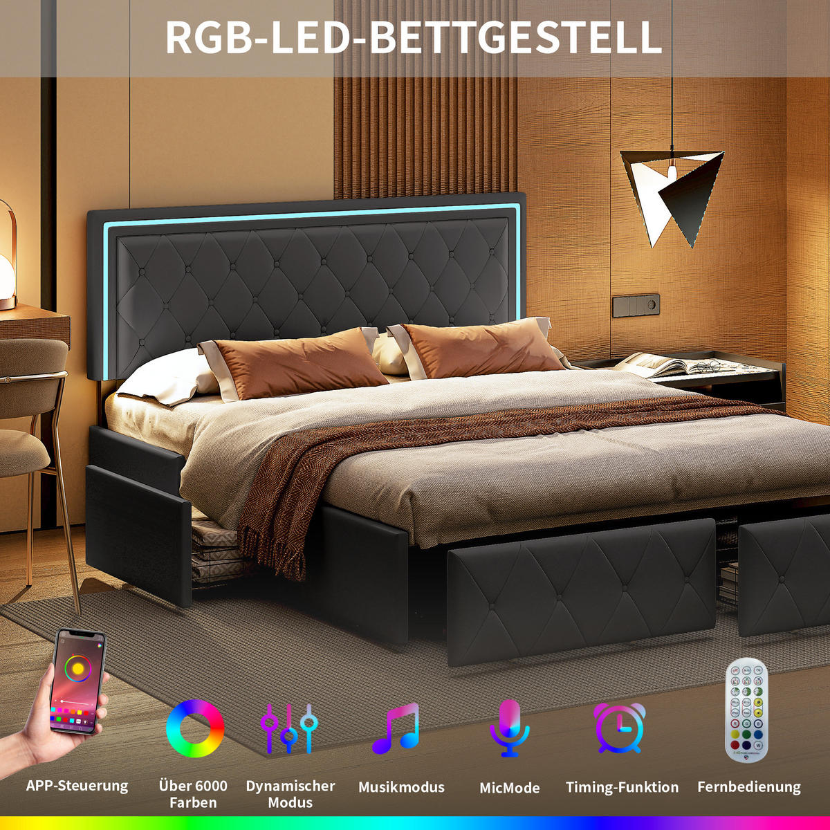 POLSTERBETT 160/200 cm aus PU-Leder mit Stauraum, LED-Kopfteil, modernes Doppelbett für Schlafzimmer, komfortabel und praktisch - Grau, Holz/Metall (160/200cm) - Joyfair