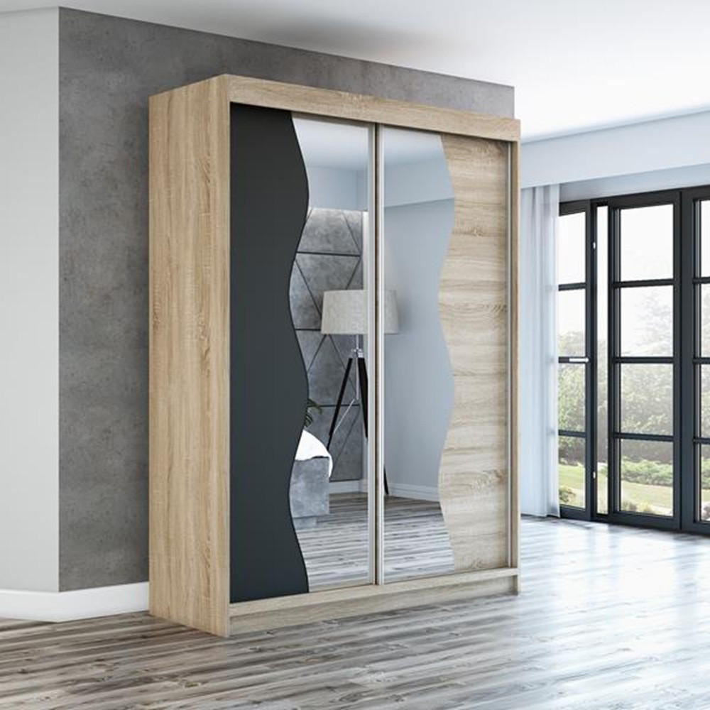 SCHWEBETÜRENSCHRANK 180 CM RIMA Farbe: Sonoma / schwarz / sonoma - Schwarz/Braun, Holzwerkstoff (180/215/59.5cm) - A&J MöbelLand