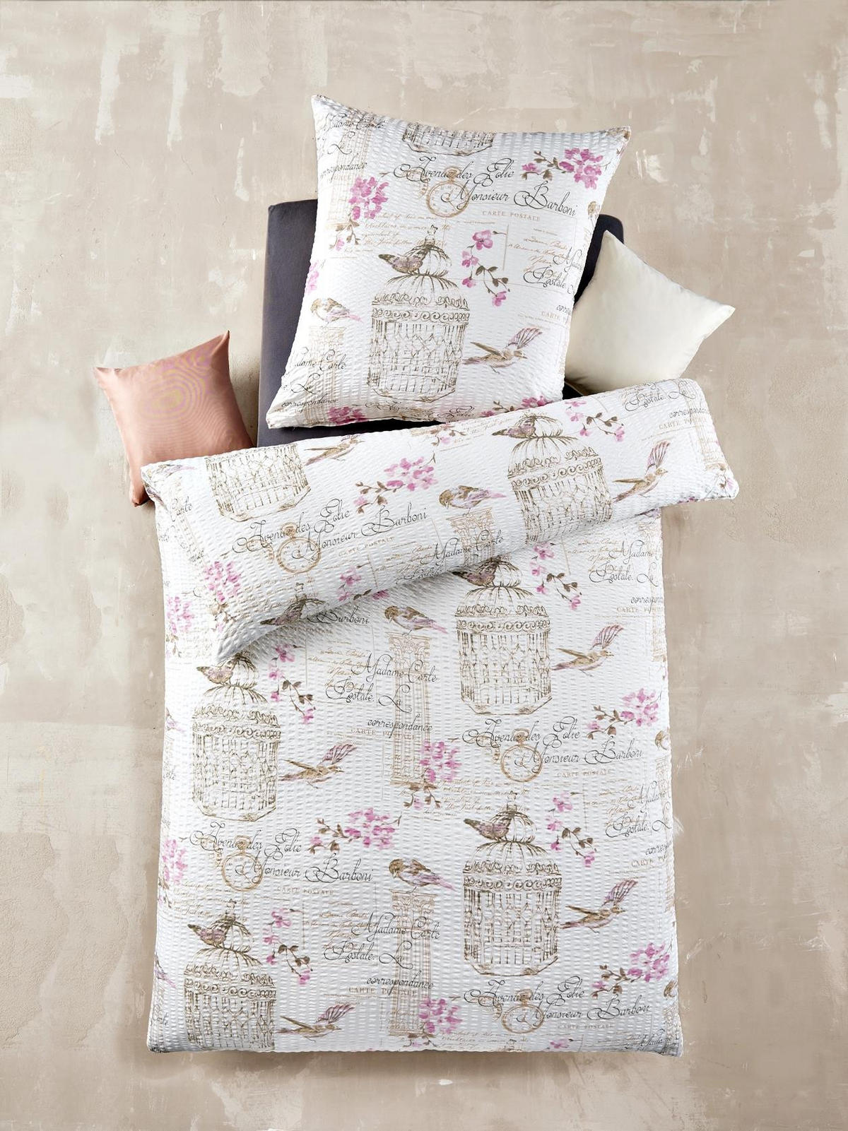 SEERSUCKER-BETTWÄSCHE 135x200 Sommer Bettbezug Bügelfrei aus Mikrofaser - Blumen Vögel Weiß Lila - Multicolor/Weiß, Textil (135/200cm) - Carpe Sonno