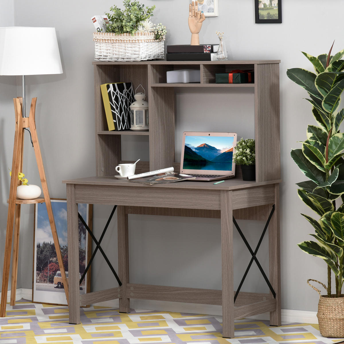 SCHREIBTISCH Hellbraun Holzoptik mit integriertem Regal 105/50/137,5 cm - Braun, Holzwerkstoff (50/105/137.5cm) - PANGIVO