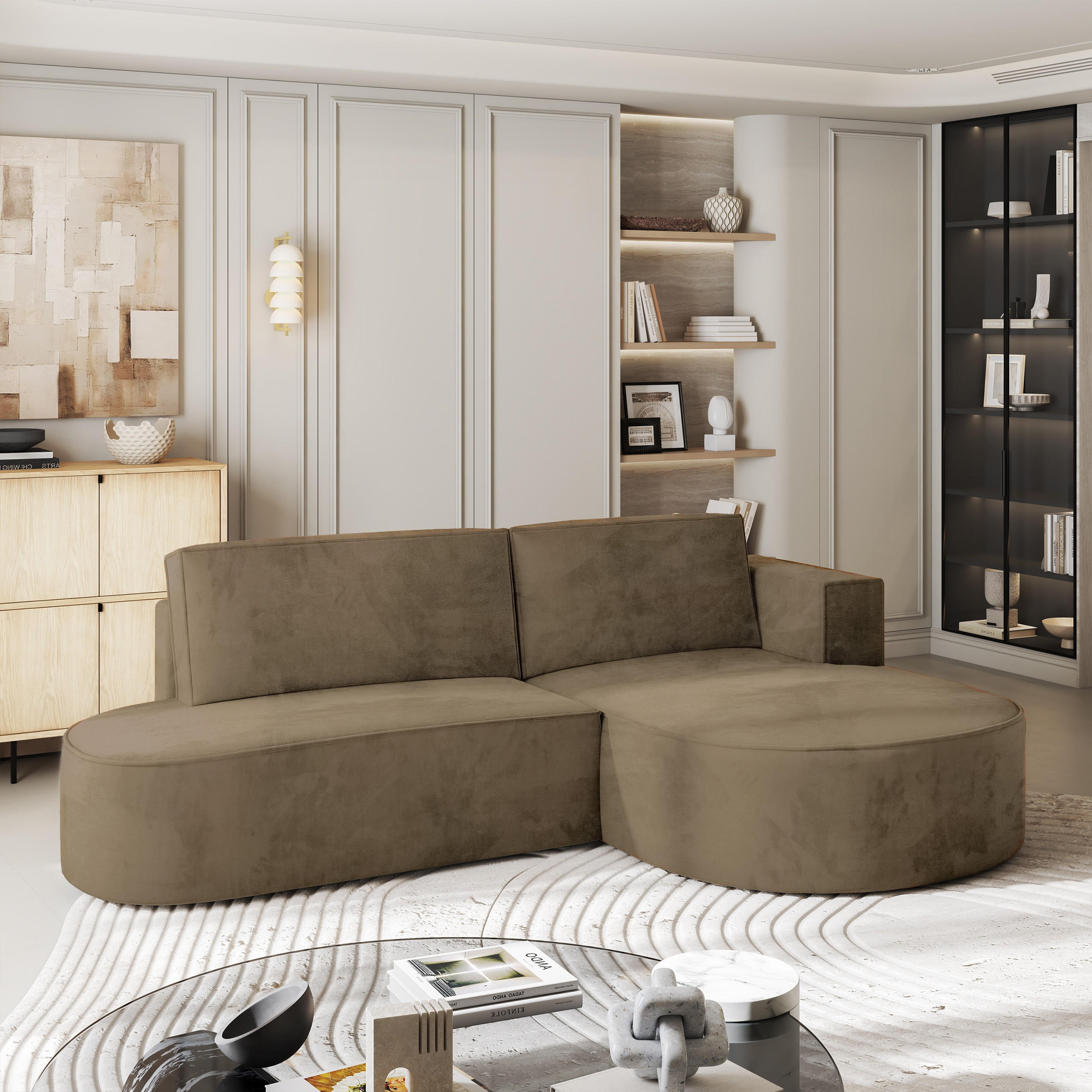 ECKSOFA CORTIO M R-S Beige Velours-Stoff mit Schlaffunktion - Beige, Holz (265/174cm) - MASSENO