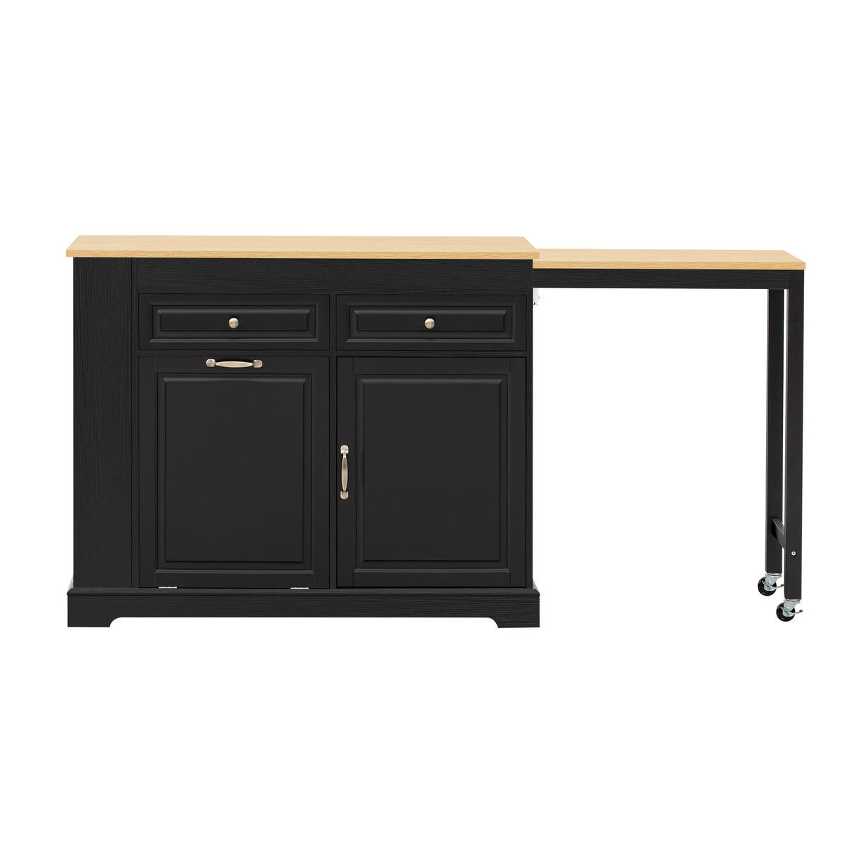 KÜCHENINSEL 112-180/45.2/92 cm Schwarz mit 2 Schubladen, Abfallbehälterfach und Rollen - Schwarz, Holz (45/92/116cm) - Oxeza