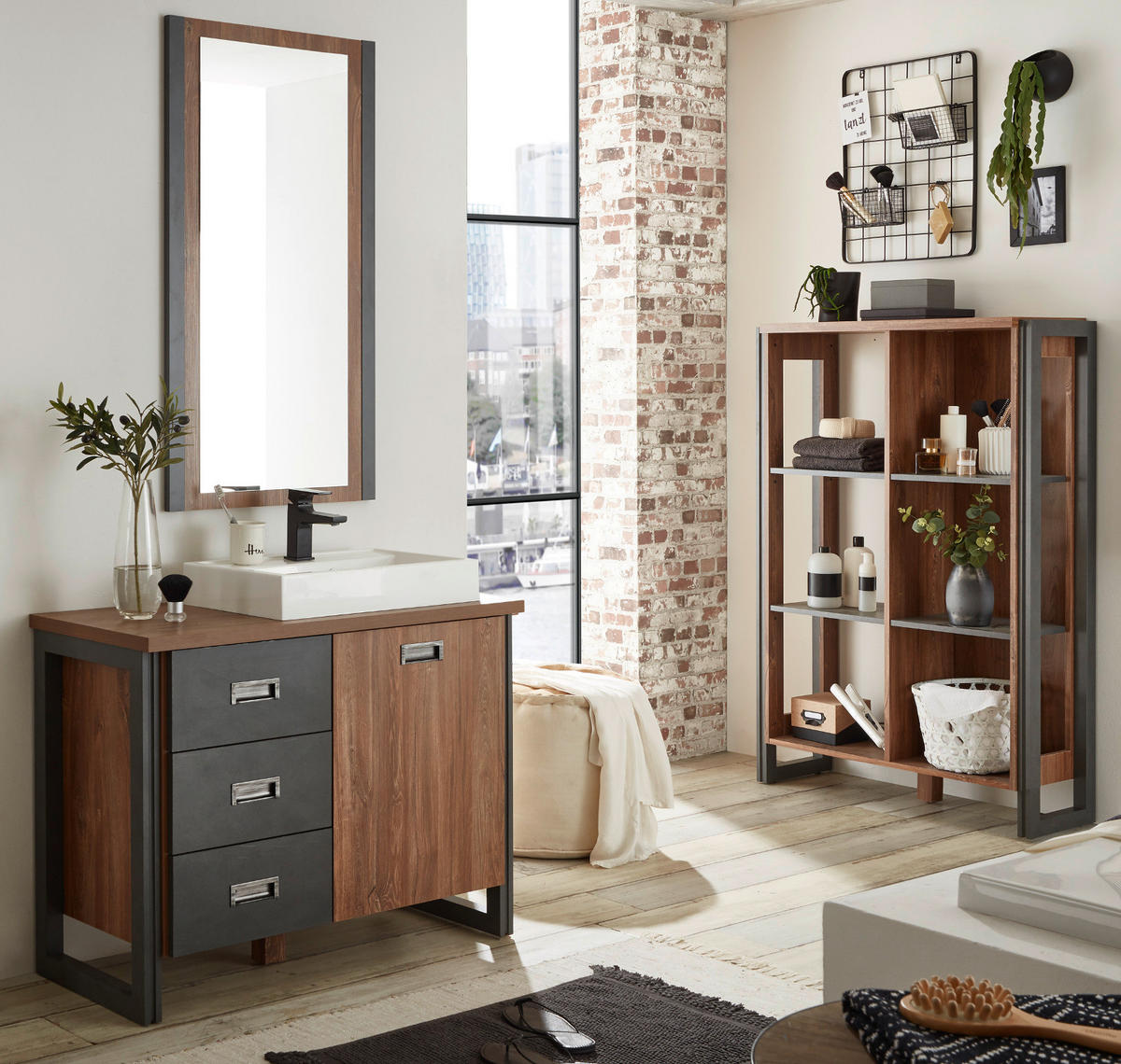 BAD-REGAL Eiche Stirling, Matera grau, Badregal 90 x 140 cm - Eichefarben/Grau, Holz/Holzwerkstoff (90/140/33cm)