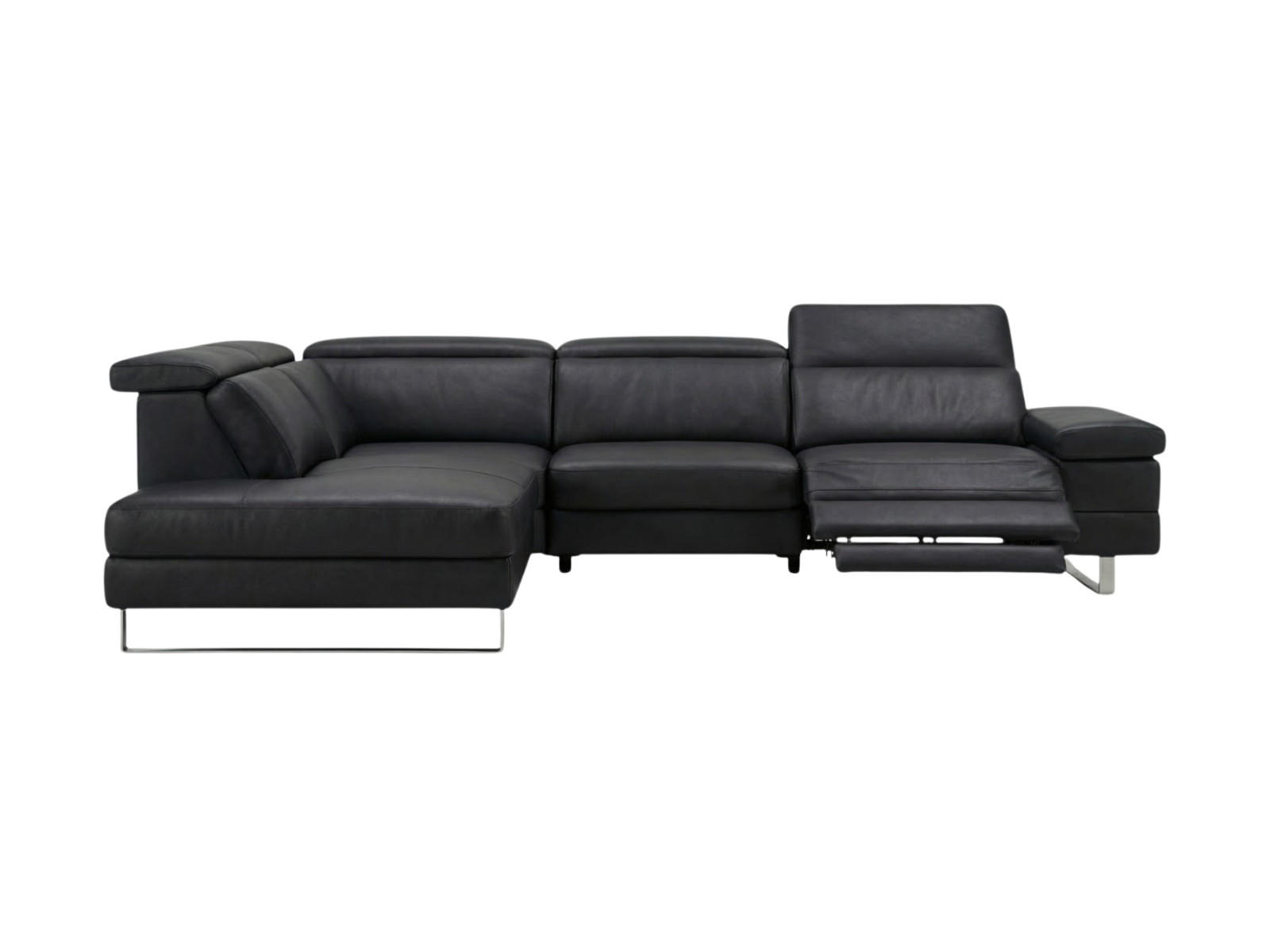ECKSOFA Virage Echtleder mit 1 x Relaxfunktion Schwarz - Schwarz, Leder/Metall (263/232cm)