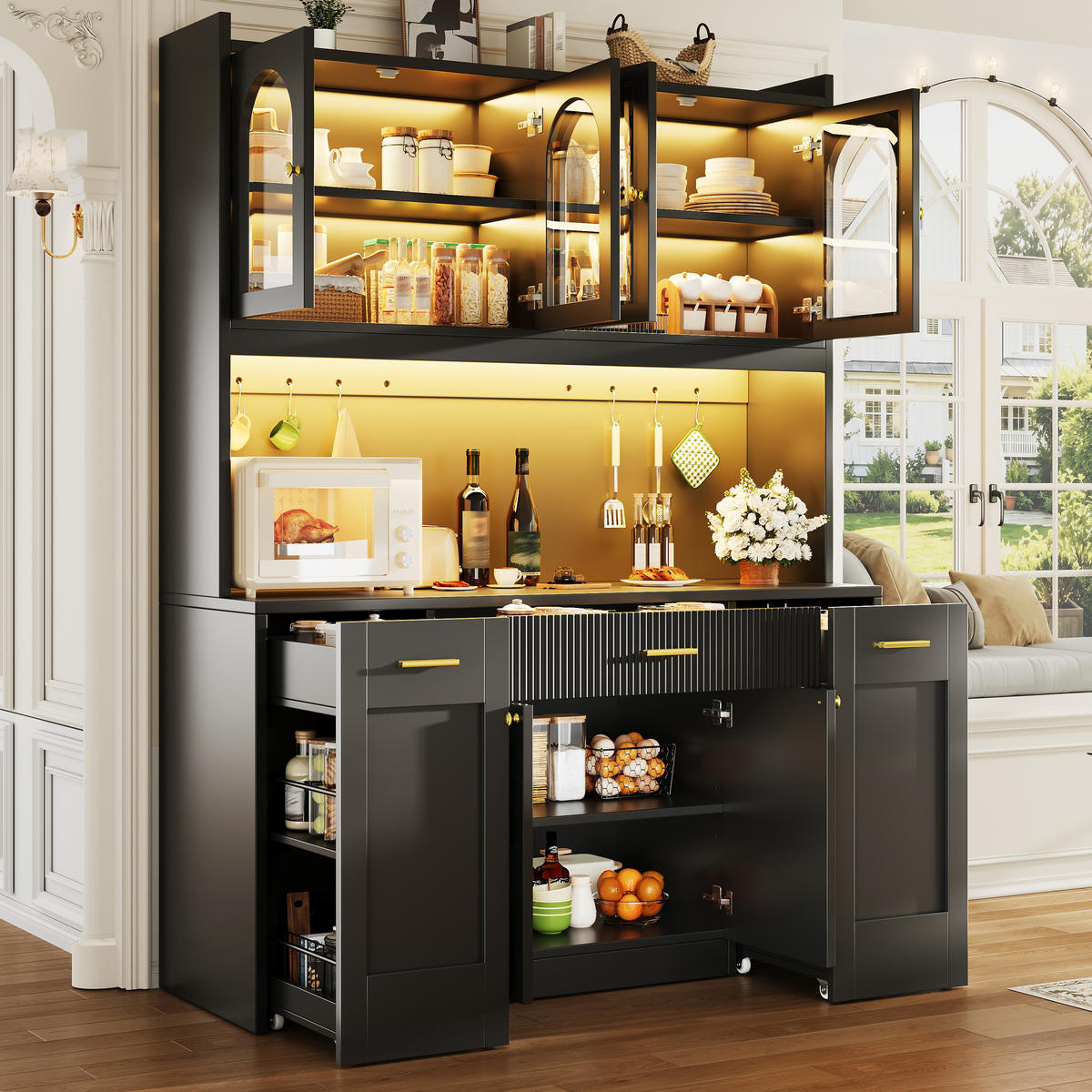 HIGHBOARD Schwarz 120×40×187 cm mit RGB-LED und Glasvitrinen aus Holzwerkstoff - Schwarz, Holzwerkstoff (120/187/40cm) - Luhomfu