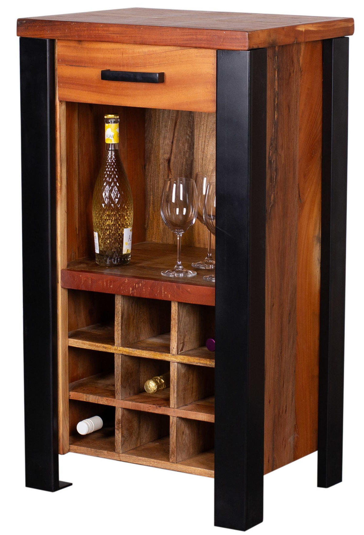 WEINKOMMODE Venosa Oldwood - 56 cm - Mangoholz - Schwarz/Braun, Holz/Metall (56/102/45cm) - bene living