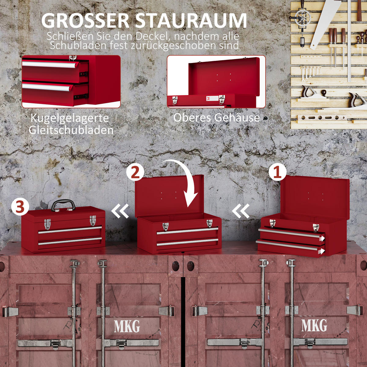 WERKZEUGKOFFER leer, 46 x 24 x 22 cm Werkzeugkasten mit 2 Schubladen Rot - Rot, Metall (24/22/46cm) - DURHAND