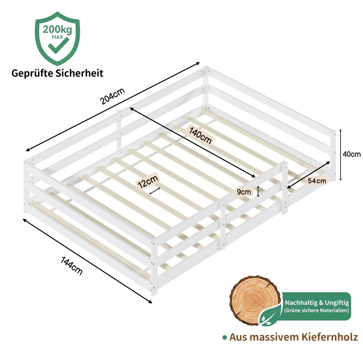 KINDERBETT Montessori 140/200 cm weiß mit Lattenrost - Weiß, Holz (140/200cm) - MIVRAY