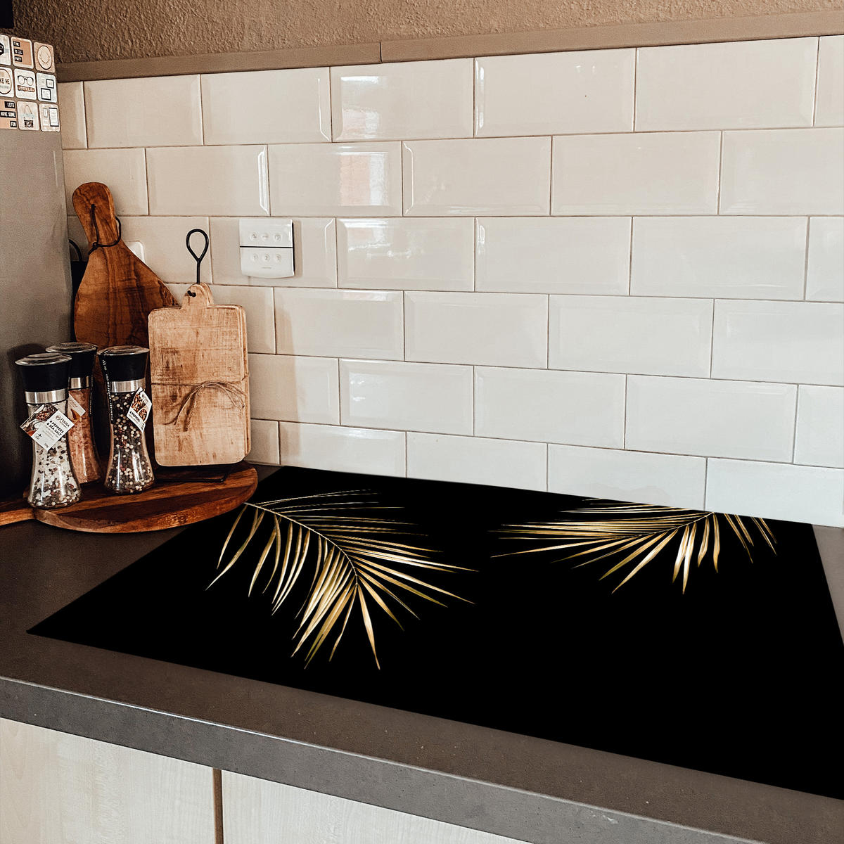 HERDABDECKPLATTE Blätter - Pflanzen - Gold - Schwarz - Luxus Induktionsschutz 81.6x52.7 cm - Goldfarben, Kunststoff (81.6/52.7/0.2cm) - MuchoWow