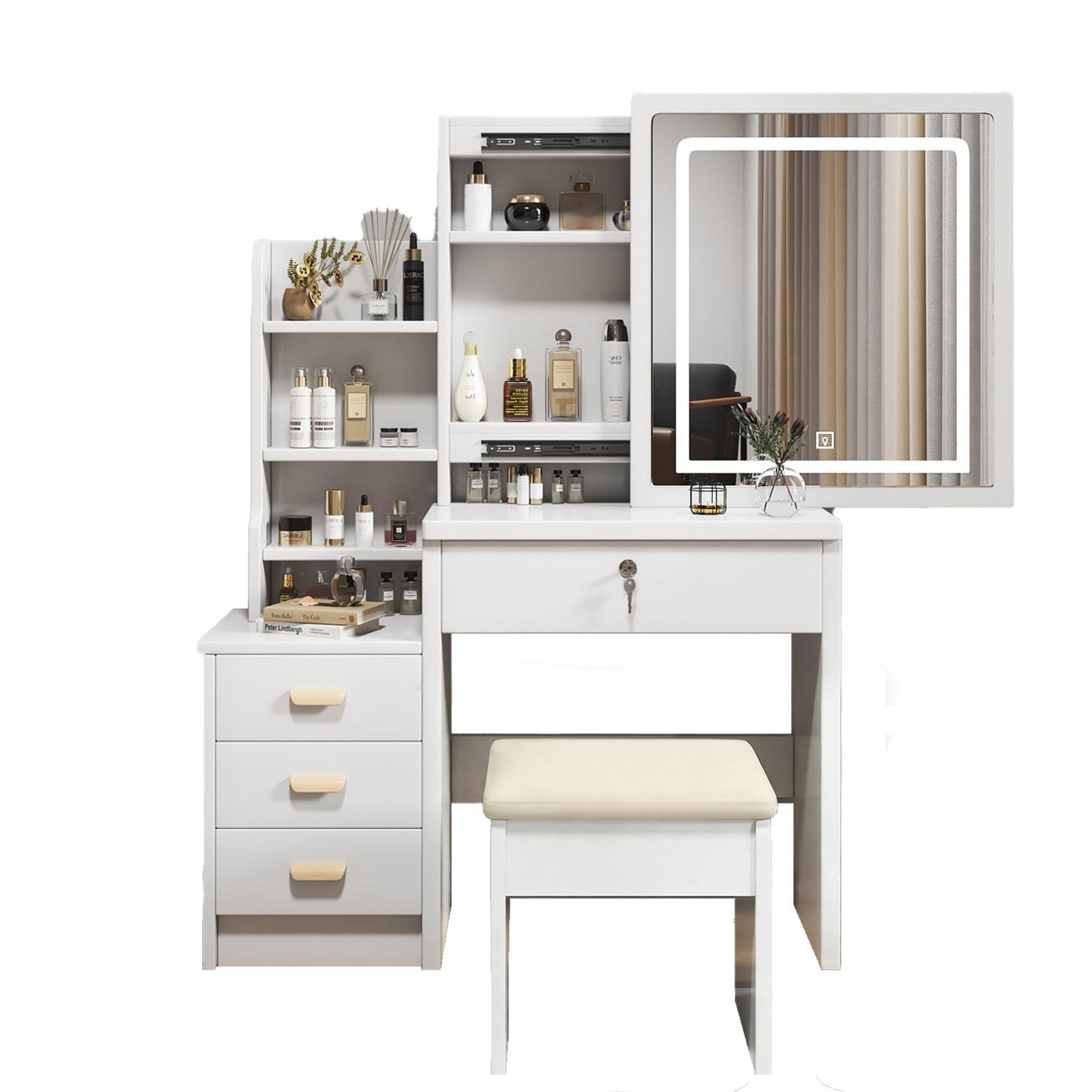 SCHMINKTISCH 85/36/130 cm weiß aus MDF mit LED-Spiegel und Hocker - Weiß, Holzwerkstoff (36/130/85cm) - OKWISH
