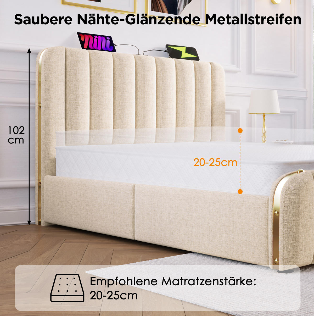POLSTERBETT 90/200 cm in Beige mit 4 Schubladen und USB- und Type-C-Anschlüssen - Beige, Textil (90/200cm) - Flora Grace