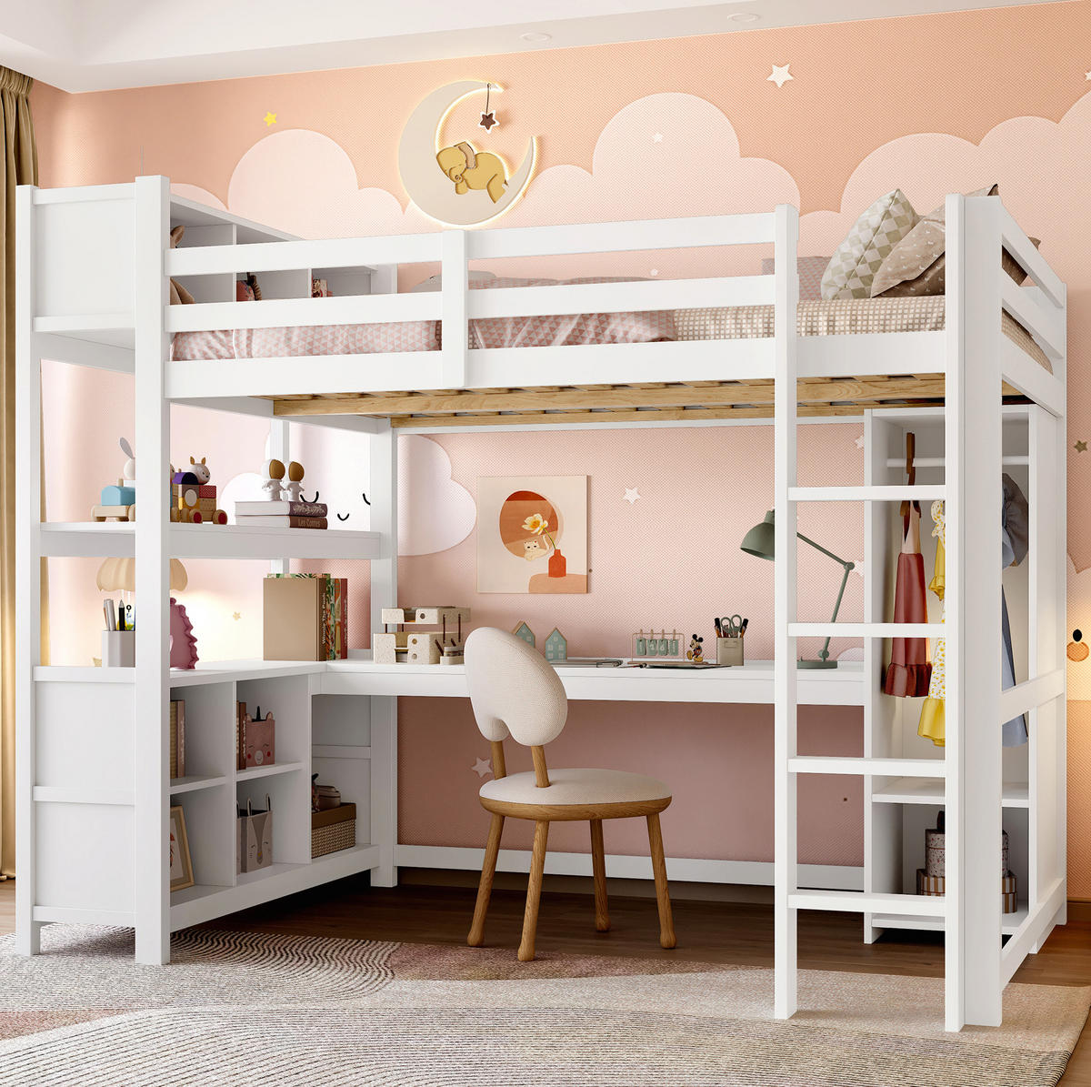 HOCHBETT 140/200 cm, Weiß mit Schreibtisch, Regalen und Kleiderschrank - Weiß, Holz (140/200cm) - MIVRAY