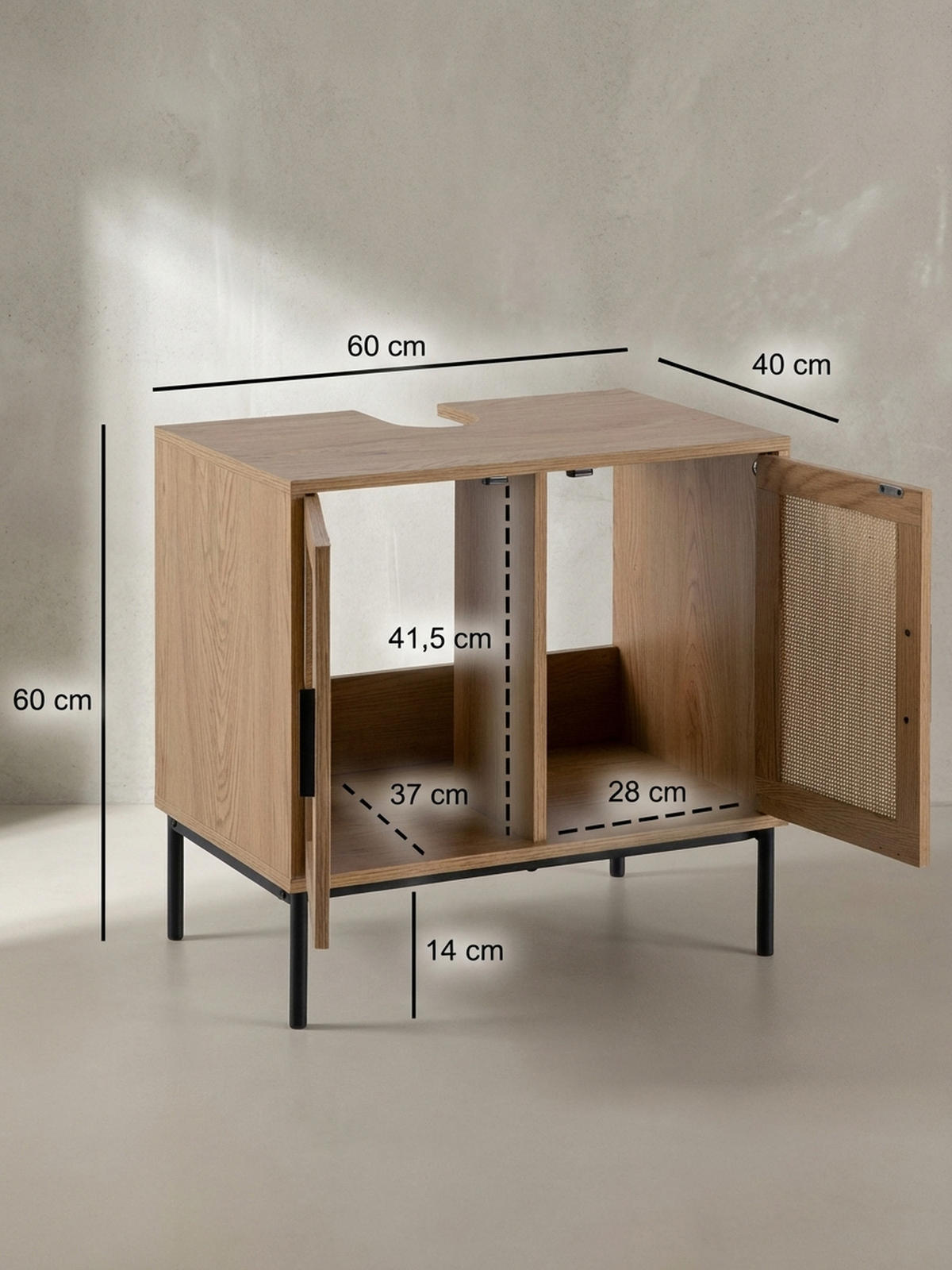 WASCHBECKENUNTERSCHRANK Eiche-Optik 60x60x40 cm mit Türen und Rattangeflecht - Schwarz/Braun, Holzwerkstoff/Metall (60/60/40cm) - KADIMA DESIGN