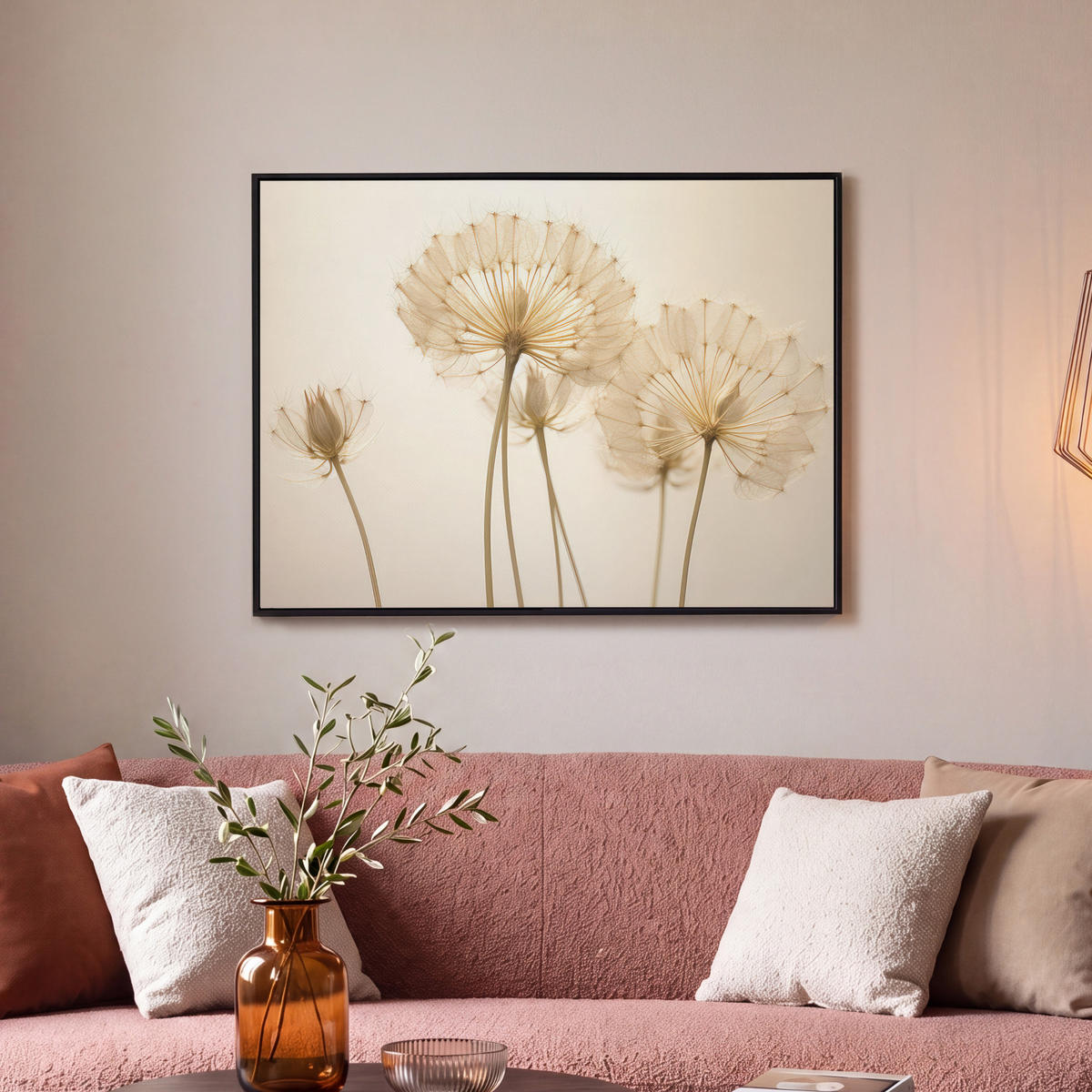 LEINWAND Bilder mit Rahmen - Sonnenlicht - Löwenzahn - Botanisch - Blumen - 80x60 - Creme, Textil (80/60cm) - MuchoWow
