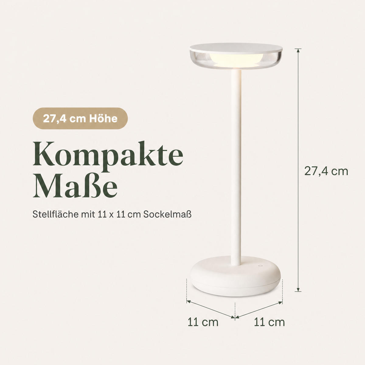 LED-TISCHLAMPE Weiß Dimmbar Akku 1800mAh 180lm warmweiß Touch USB-C Nachttischleuchte Höhe 27,4 cm - Weiß, Kunststoff (11/11/27.4cm) - Northpoint