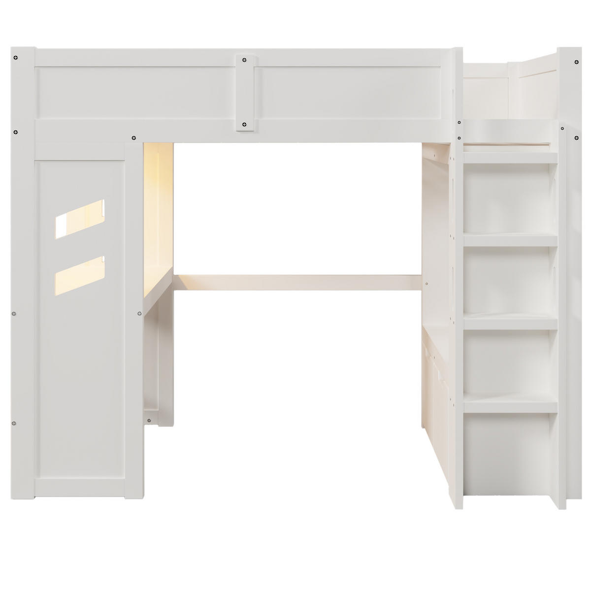 VYSOKÁ posteľ 90/200 cm biela z borovice a MDF s písacím stolom LED osvetlením a zásuvkami - biela, drevo (90/200cm) - OKWISH