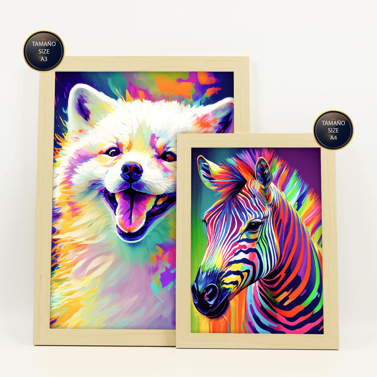 POSTER Set Mit 6 Säugetiere Im Hochformat Lebhafte Aquarell Stil Illustrationen Von Lächelnde Tiere Innenarchitektur A3 & A4 Rahmen Aus Hellem Holz - Beige, Papier (29/3cm) - Nacnic