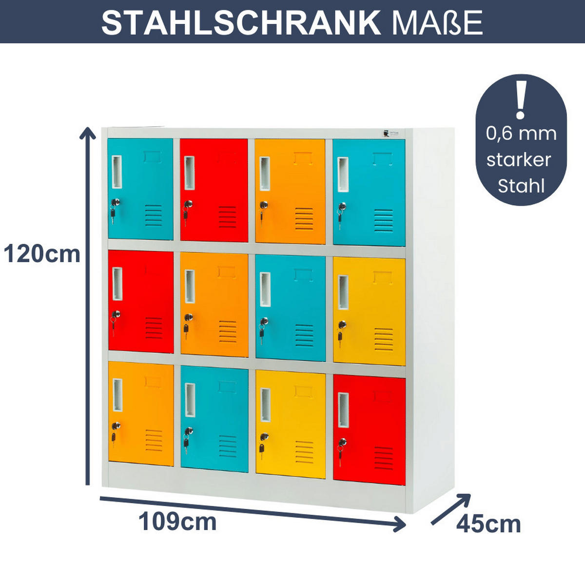SCHLIESSFACHSCHRANK Spind Kindergarten ANNA 12 Fächer 120x109x45cm Mehrfarbig - Multicolor, Metall (109/120/45cm) - DELUKE