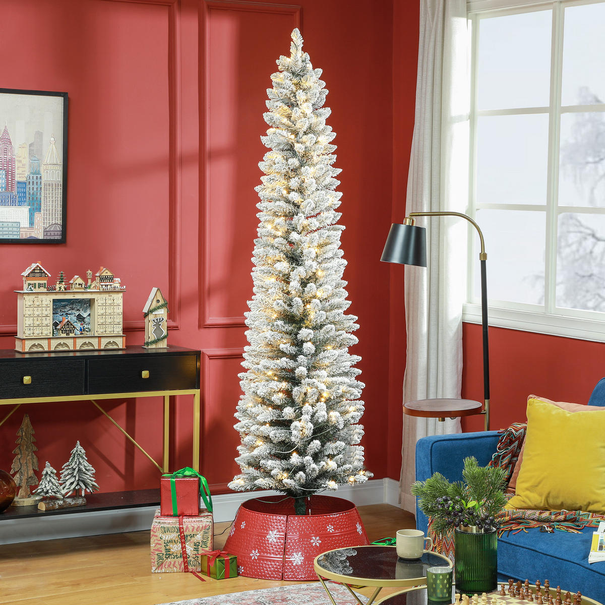 KÜNSTLICHER Weihnachtsbaum 210 cm mit 180 LED-Lichten faltbar Standfuß Grün+Weiß - Weiß/Grün, Kunststoff/Metall (210cm) - HOMCOM