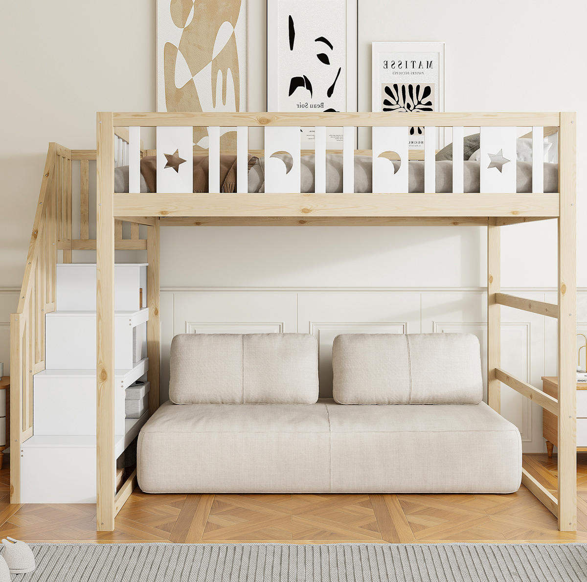 HOCHBETT 140/200 cm naturweiß aus Massivholz mit Treppe und Regalen - Naturfarben, Holzwerkstoff (140/200cm) - OKWISH