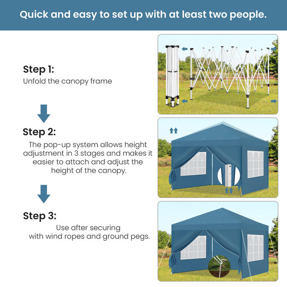 POP-UP-GARTENPAVILLON – 3×3 m, wasserdicht, höhenverstellbar, mit Seitenwänden und Fenstern - Grün, Metall (300/270/300cm) - Kaket
